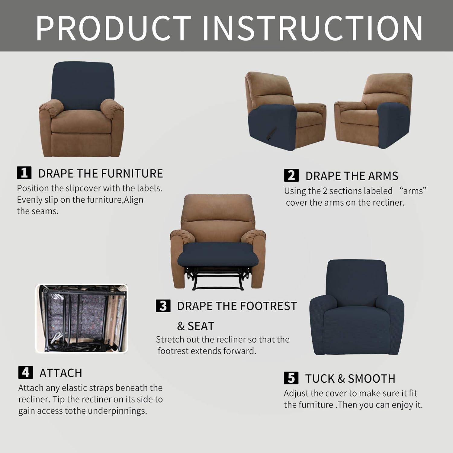 image:imageEasyGoing 8 Pieces Recliner Sofa Stretch Sofa Slipcover Sofa Cover Furniture Protector Couch Soft with Elastic Bottom Kids Spandex Jacquard Fabric Small Checks Dark GrayDark Blue