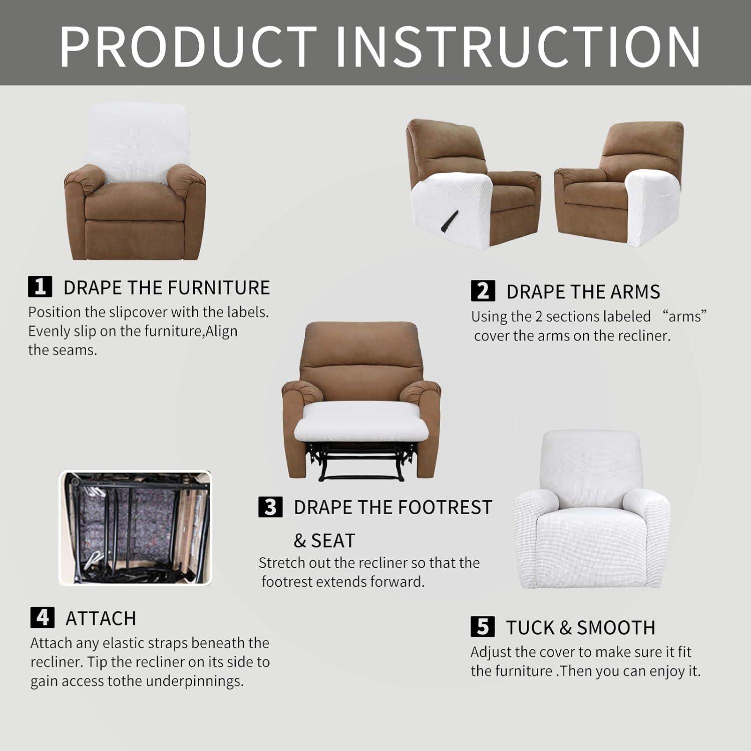 image:imageEasyGoing 8 Pieces Recliner Sofa Stretch Sofa Slipcover Sofa Cover Furniture Protector Couch Soft with Elastic Bottom Kids Spandex Jacquard Fabric Small Checks Dark GraySnow White