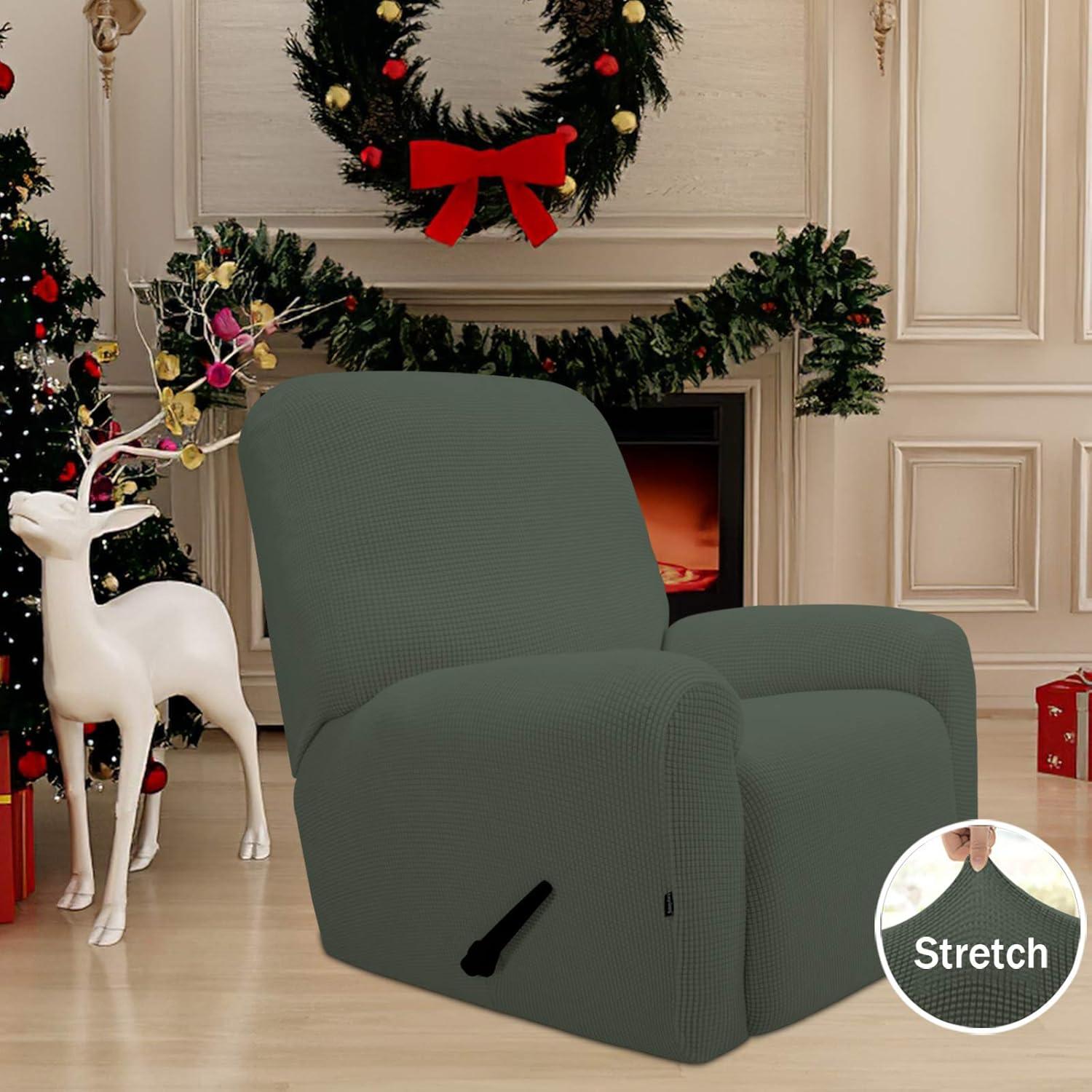image:imageEasyGoing 8 Pieces Recliner Sofa Stretch Sofa Slipcover Sofa Cover Furniture Protector Couch Soft with Elastic Bottom Kids Spandex Jacquard Fabric Small Checks Dark GrayOlive Green