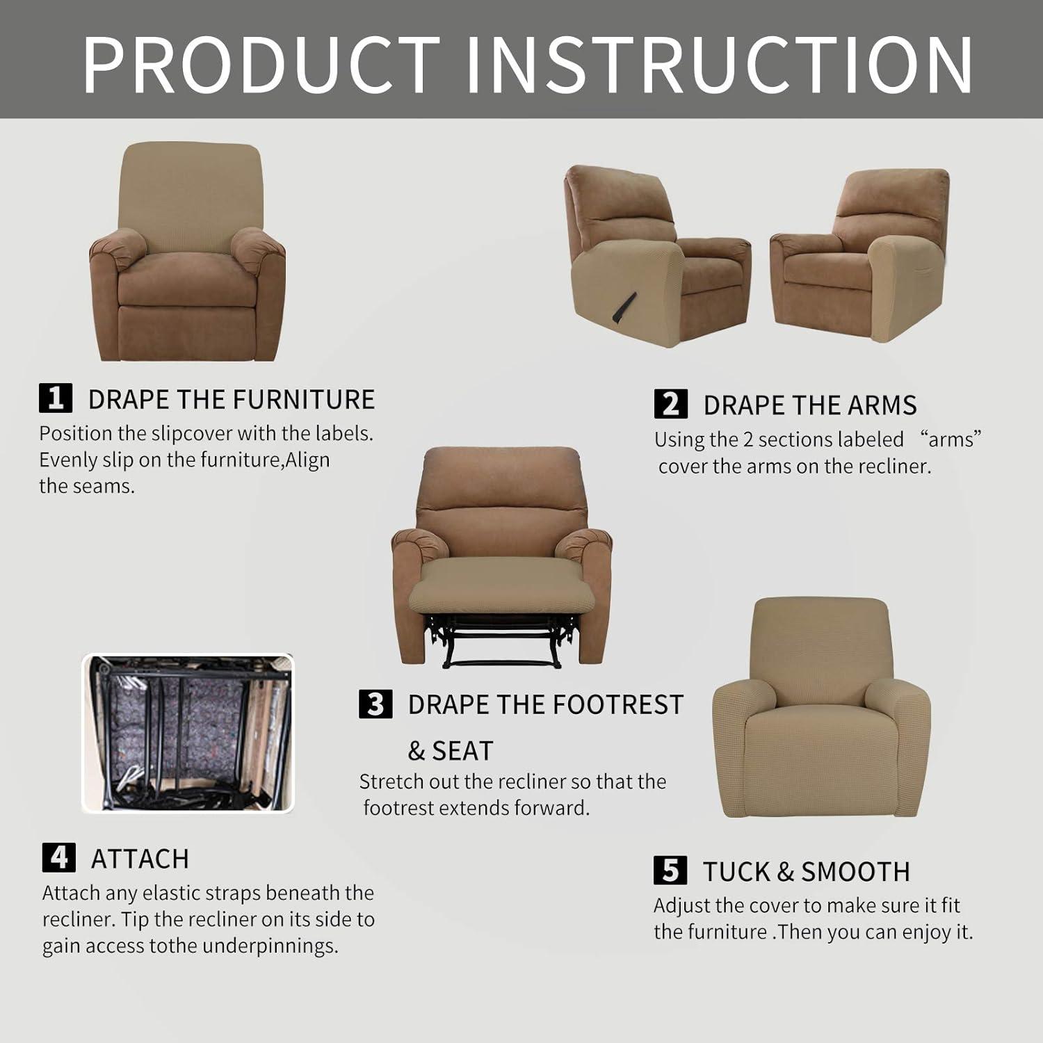 image:imageEasyGoing 8 Pieces Recliner Sofa Stretch Sofa Slipcover Sofa Cover Furniture Protector Couch Soft with Elastic Bottom Kids Spandex Jacquard Fabric Small Checks Dark GrayTan