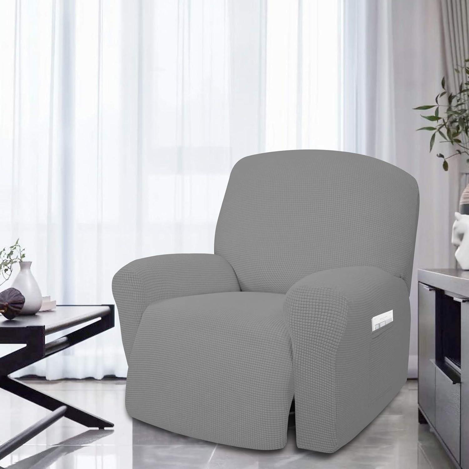 image:imageEasyGoing 8 Pieces Recliner Sofa Stretch Sofa Slipcover Sofa Cover Furniture Protector Couch Soft with Elastic Bottom Kids Spandex Jacquard Fabric Small Checks Dark GrayLight Gray