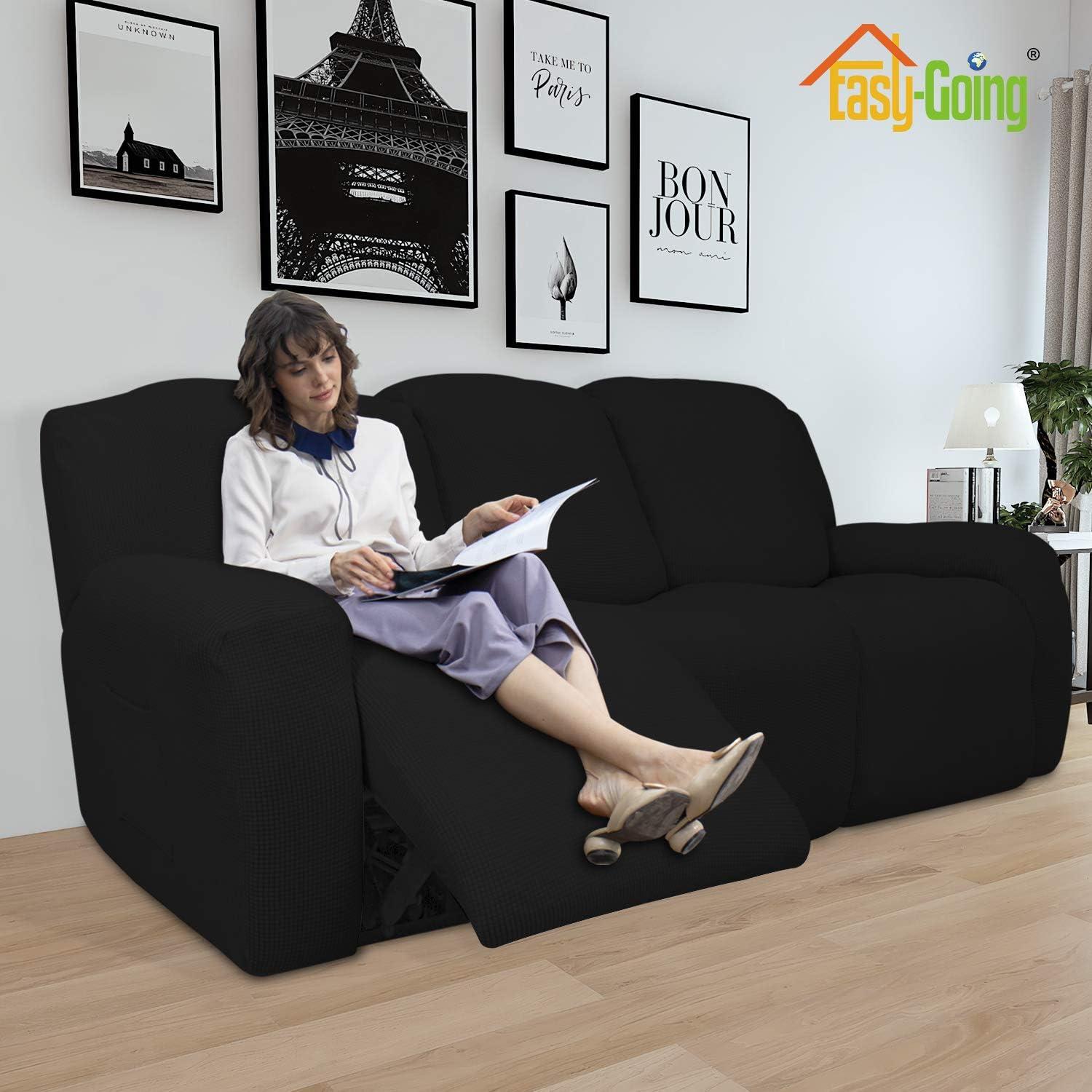 image:imageEasyGoing 8 Pieces Recliner Sofa Stretch Sofa Slipcover Sofa Cover Furniture Protector Couch Soft with Elastic Bottom Kids Spandex Jacquard Fabric Small Checks Dark GrayBlack