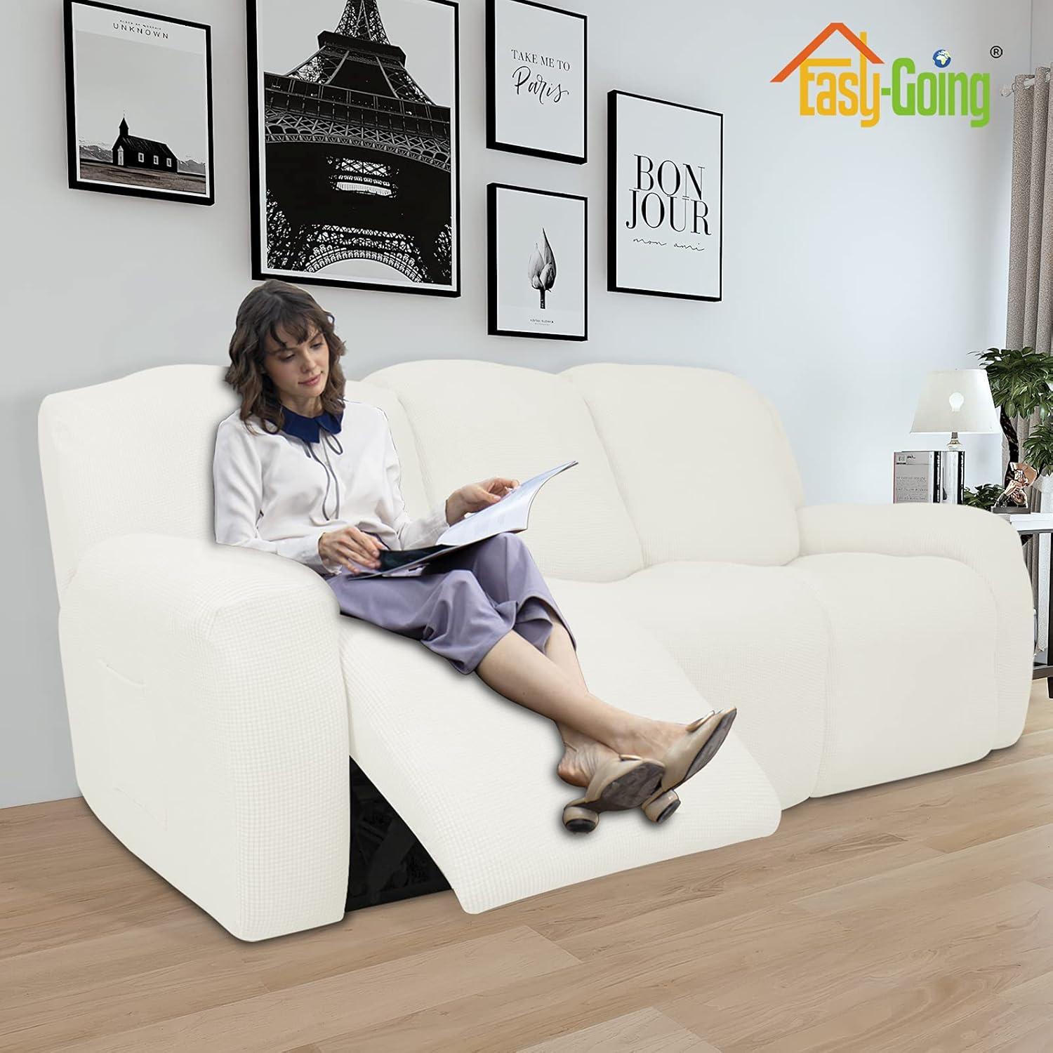 image:imageEasyGoing 8 Pieces Recliner Sofa Stretch Sofa Slipcover Sofa Cover Furniture Protector Couch Soft with Elastic Bottom Kids Spandex Jacquard Fabric Small Checks Dark GrayCream