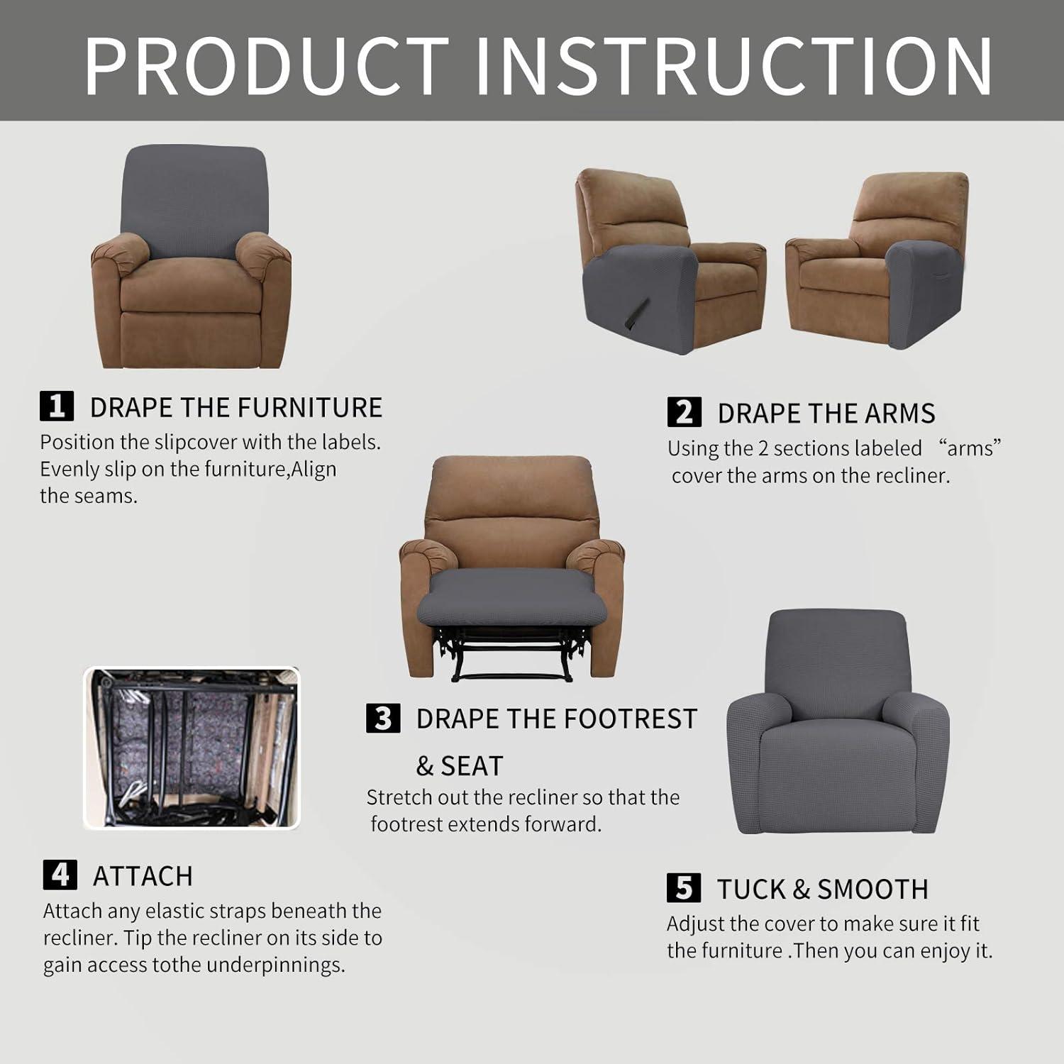 image:imageEasyGoing 8 Pieces Recliner Sofa Stretch Sofa Slipcover Sofa Cover Furniture Protector Couch Soft with Elastic Bottom Kids Spandex Jacquard Fabric Small Checks Dark GrayGrey