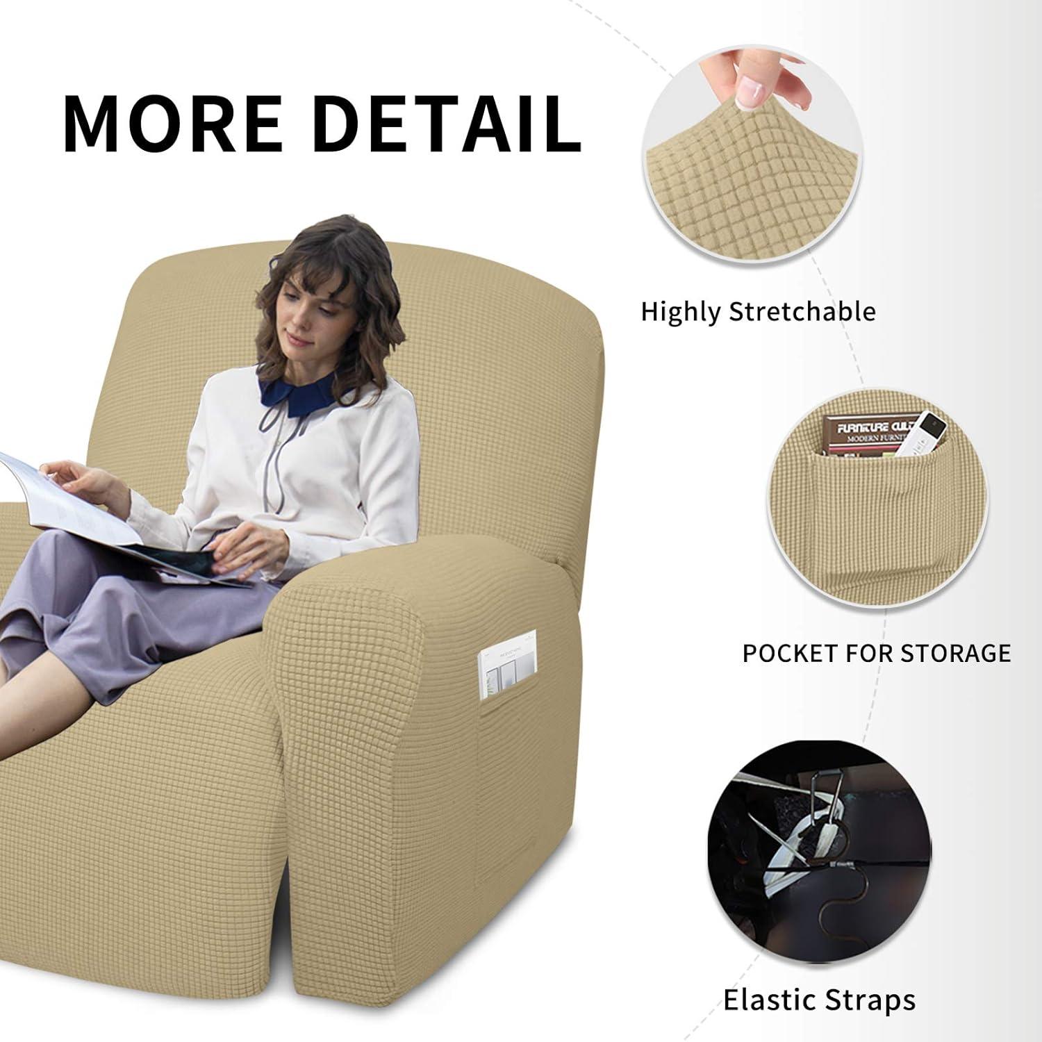 image:imageEasyGoing 8 Pieces Recliner Sofa Stretch Sofa Slipcover Sofa Cover Furniture Protector Couch Soft with Elastic Bottom Kids Spandex Jacquard Fabric Small Checks Dark GrayBeige