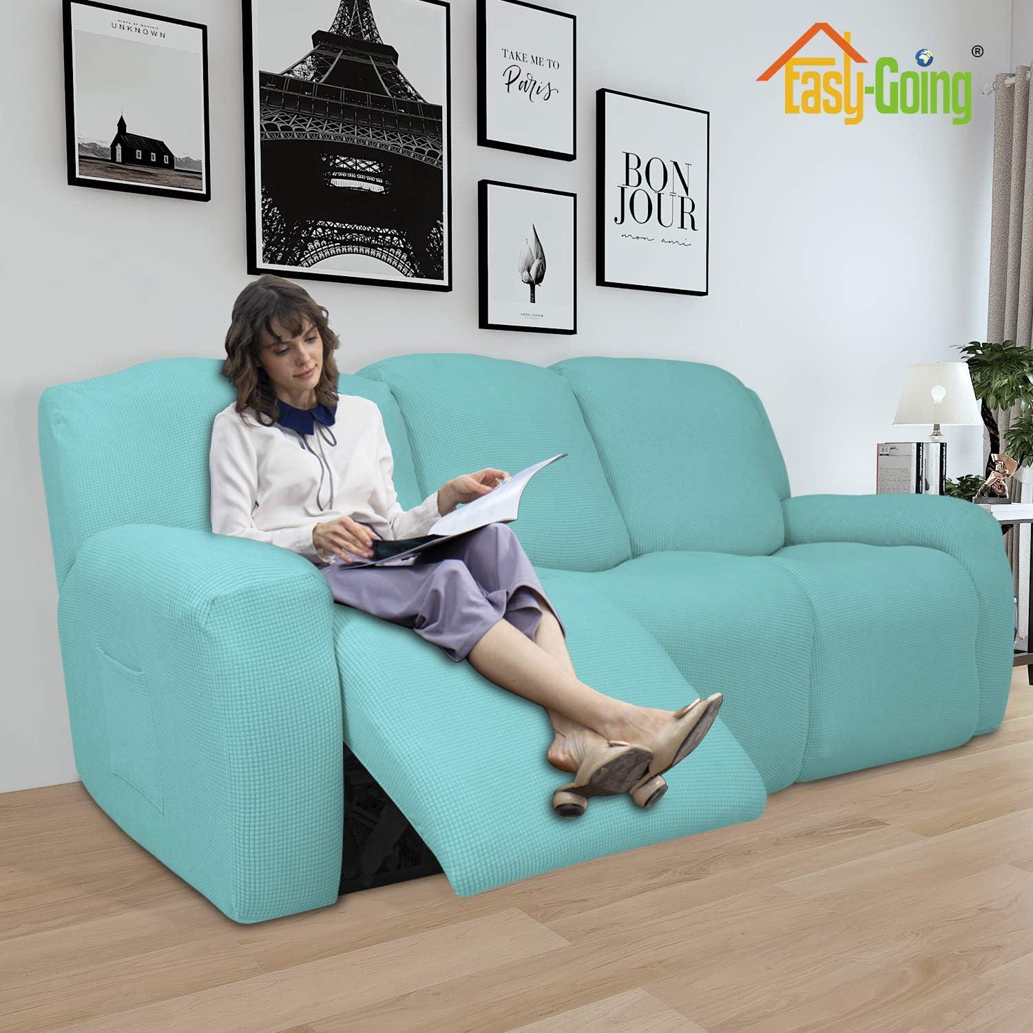 image:imageEasyGoing 8 Pieces Recliner Sofa Stretch Sofa Slipcover Sofa Cover Furniture Protector Couch Soft with Elastic Bottom Kids Spandex Jacquard Fabric Small Checks Dark GrayLight Green