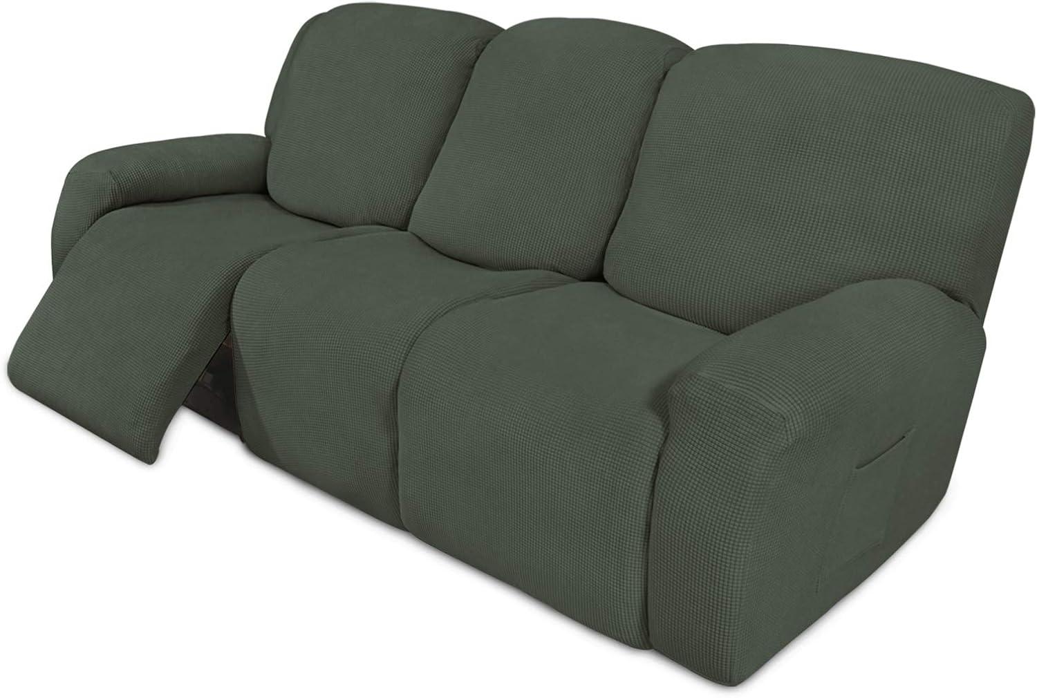 image:imageEasyGoing 8 Pieces Recliner Sofa Stretch Sofa Slipcover Sofa Cover Furniture Protector Couch Soft with Elastic Bottom Kids Spandex Jacquard Fabric Small Checks Dark GrayOlive Green