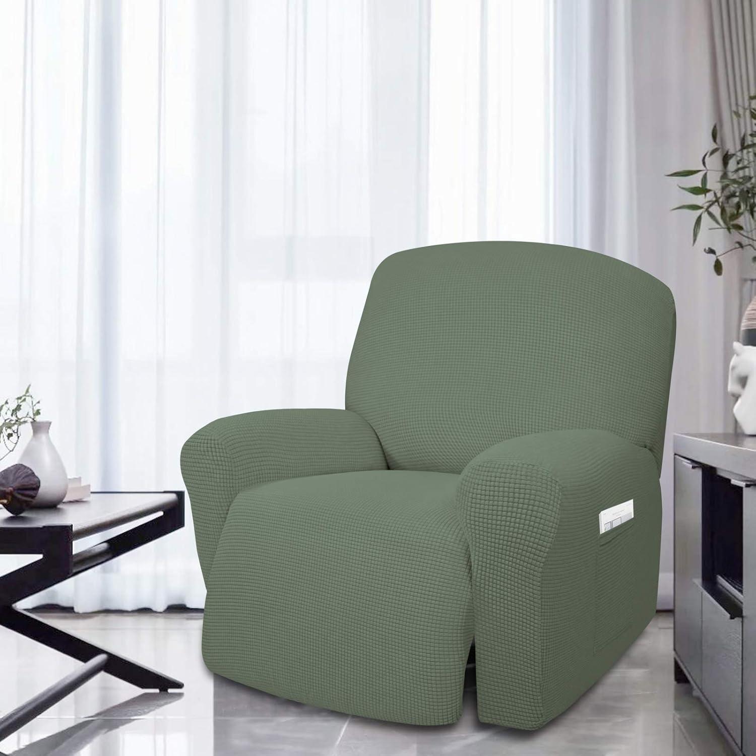 image:imageEasyGoing 8 Pieces Recliner Sofa Stretch Sofa Slipcover Sofa Cover Furniture Protector Couch Soft with Elastic Bottom Kids Spandex Jacquard Fabric Small Checks Dark GrayGreyish Green