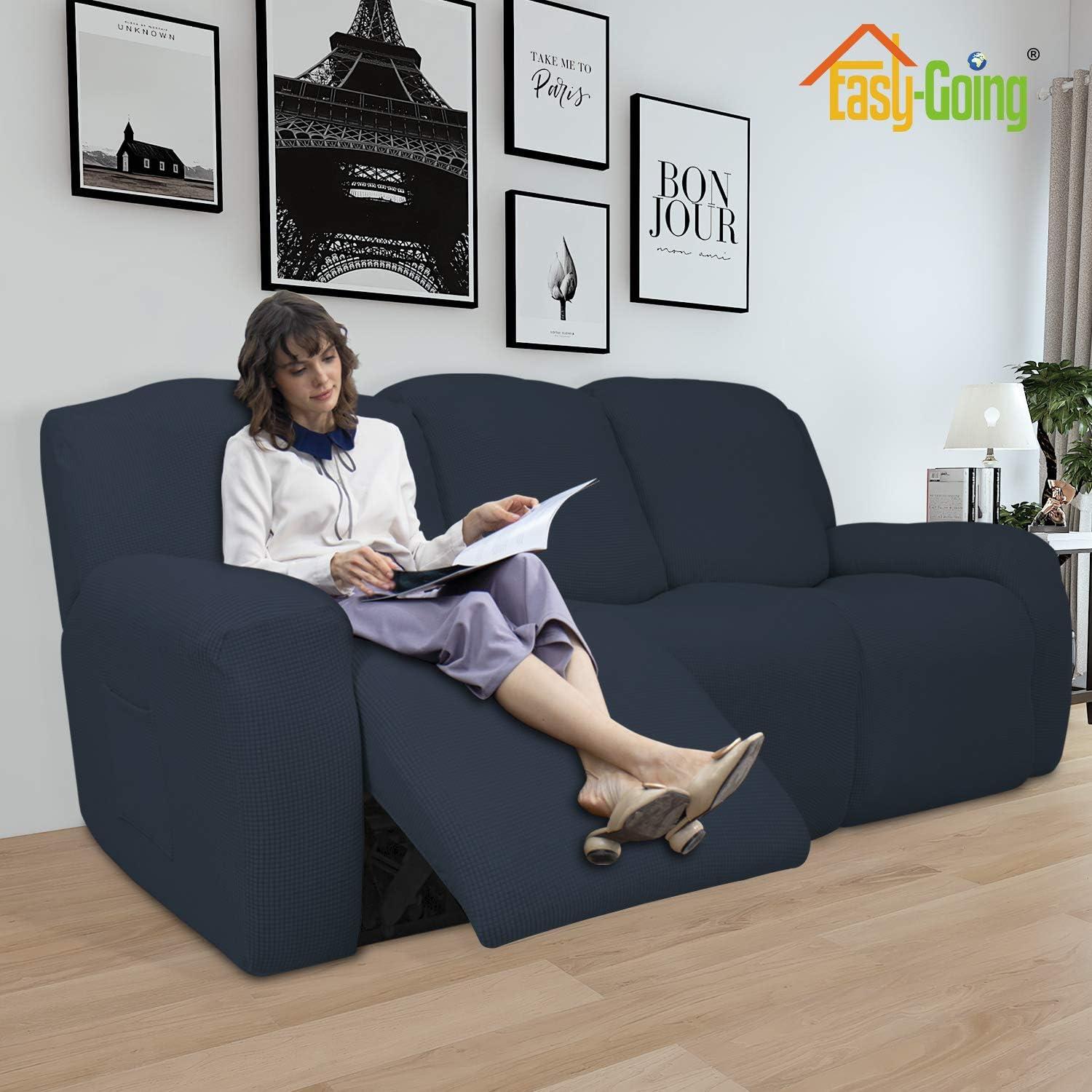 image:imageEasyGoing 8 Pieces Recliner Sofa Stretch Sofa Slipcover Sofa Cover Furniture Protector Couch Soft with Elastic Bottom Kids Spandex Jacquard Fabric Small Checks Dark GrayDark Blue