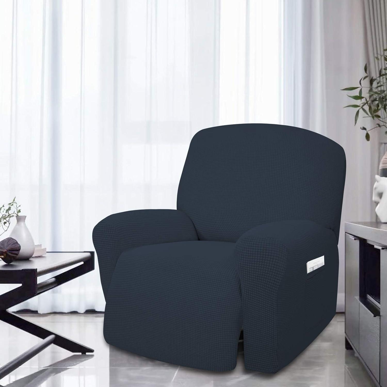 image:imageEasyGoing 8 Pieces Recliner Sofa Stretch Sofa Slipcover Sofa Cover Furniture Protector Couch Soft with Elastic Bottom Kids Spandex Jacquard Fabric Small Checks Dark GrayDark Blue