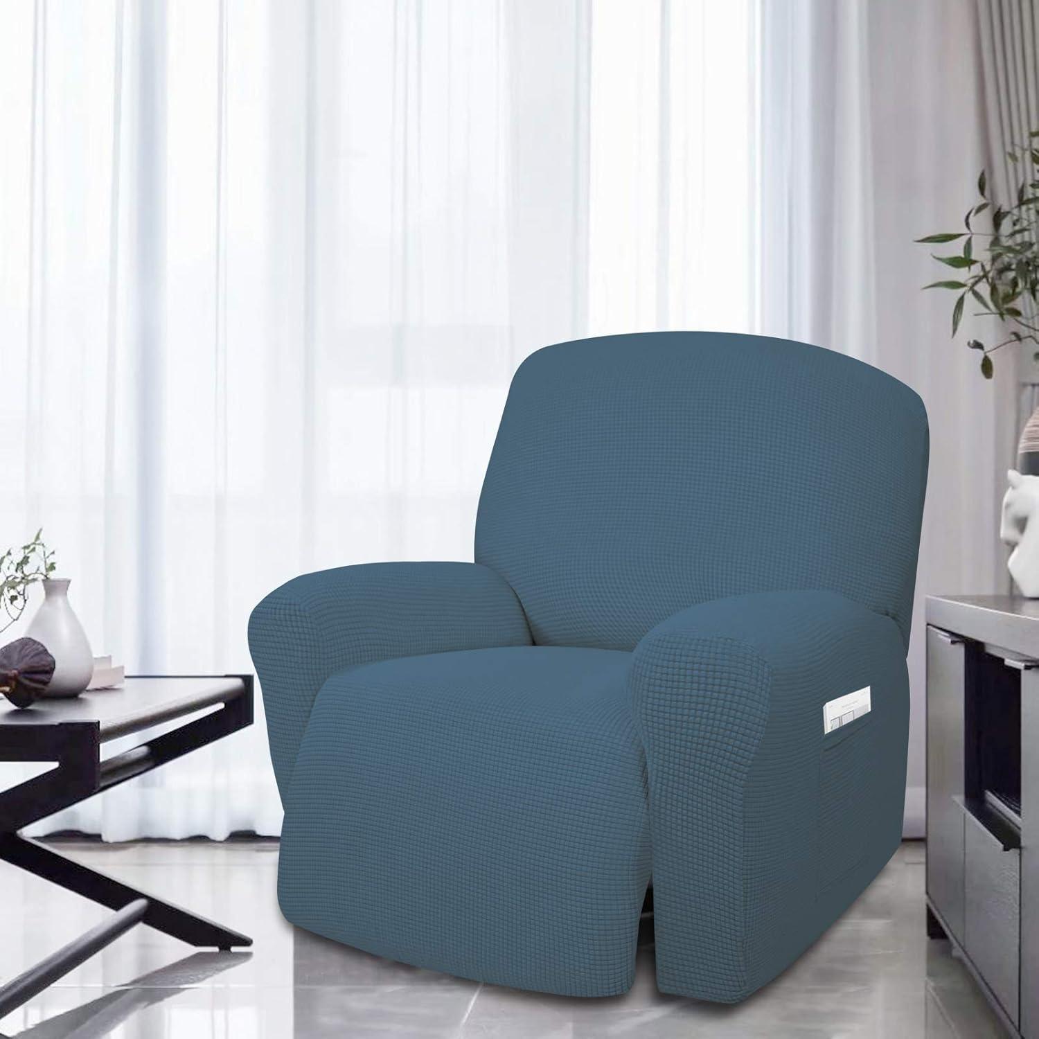 image:imageEasyGoing 8 Pieces Recliner Sofa Stretch Sofa Slipcover Sofa Cover Furniture Protector Couch Soft with Elastic Bottom Kids Spandex Jacquard Fabric Small Checks Dark GrayBluestone