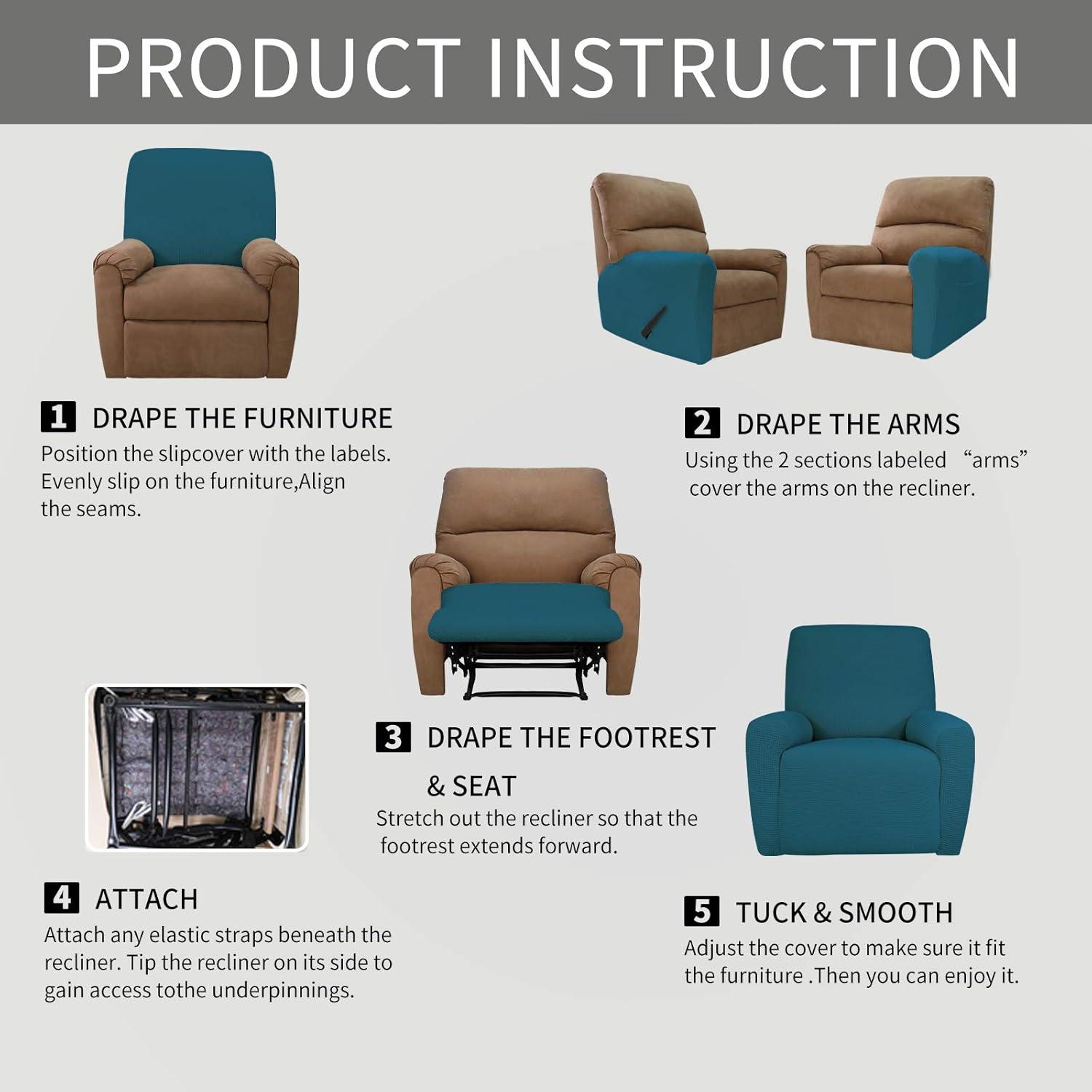 image:imageEasyGoing 8 Pieces Recliner Sofa Stretch Sofa Slipcover Sofa Cover Furniture Protector Couch Soft with Elastic Bottom Kids Spandex Jacquard Fabric Small Checks Dark GrayPeacock Blue