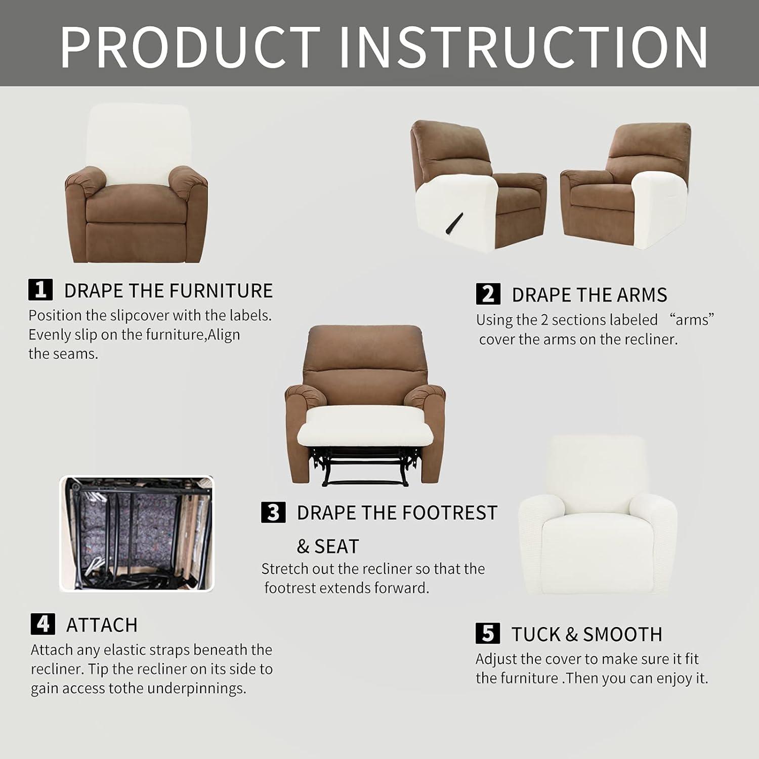image:imageEasyGoing 8 Pieces Recliner Sofa Stretch Sofa Slipcover Sofa Cover Furniture Protector Couch Soft with Elastic Bottom Kids Spandex Jacquard Fabric Small Checks Dark GrayCream