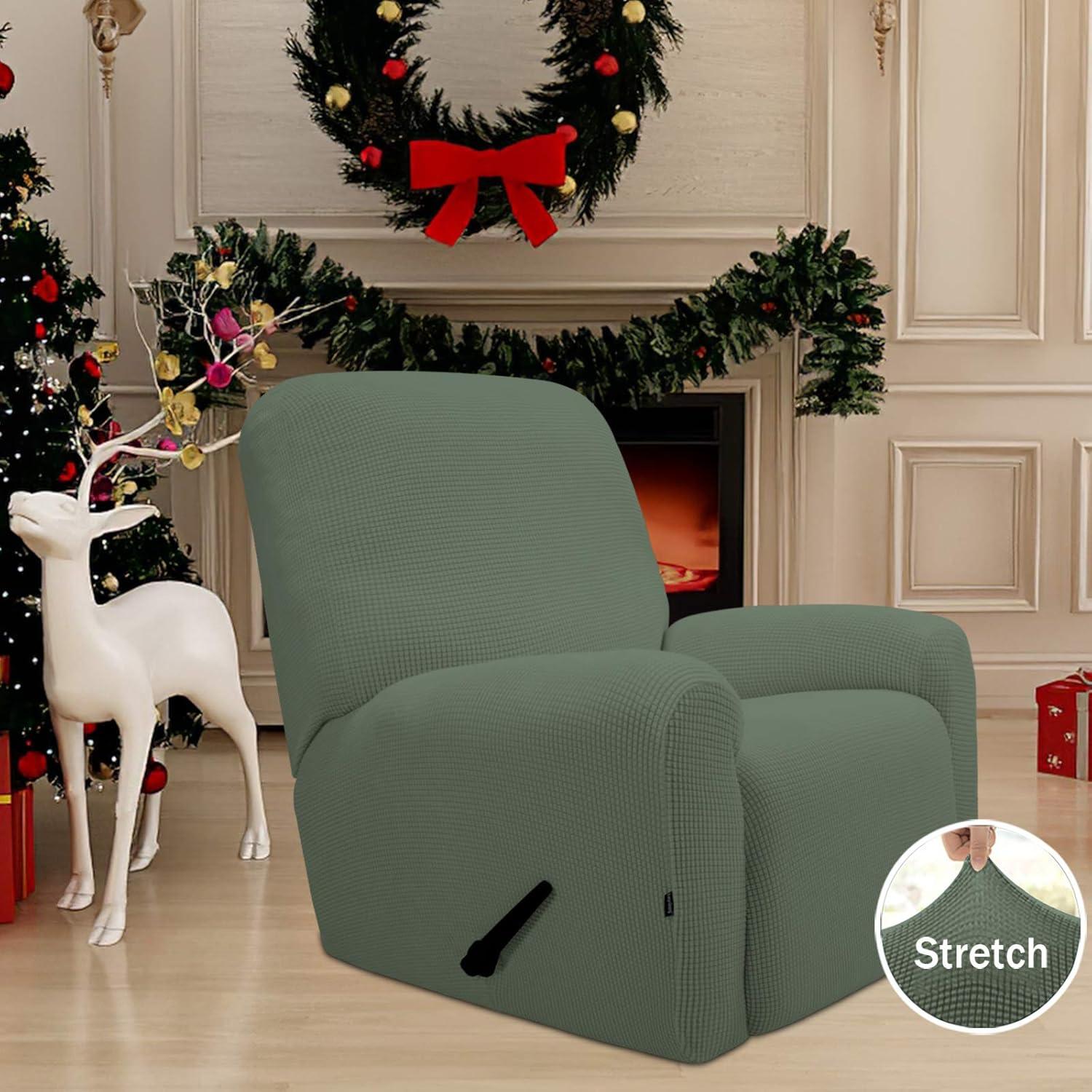 image:imageEasyGoing 8 Pieces Recliner Sofa Stretch Sofa Slipcover Sofa Cover Furniture Protector Couch Soft with Elastic Bottom Kids Spandex Jacquard Fabric Small Checks Dark GrayGreyish Green