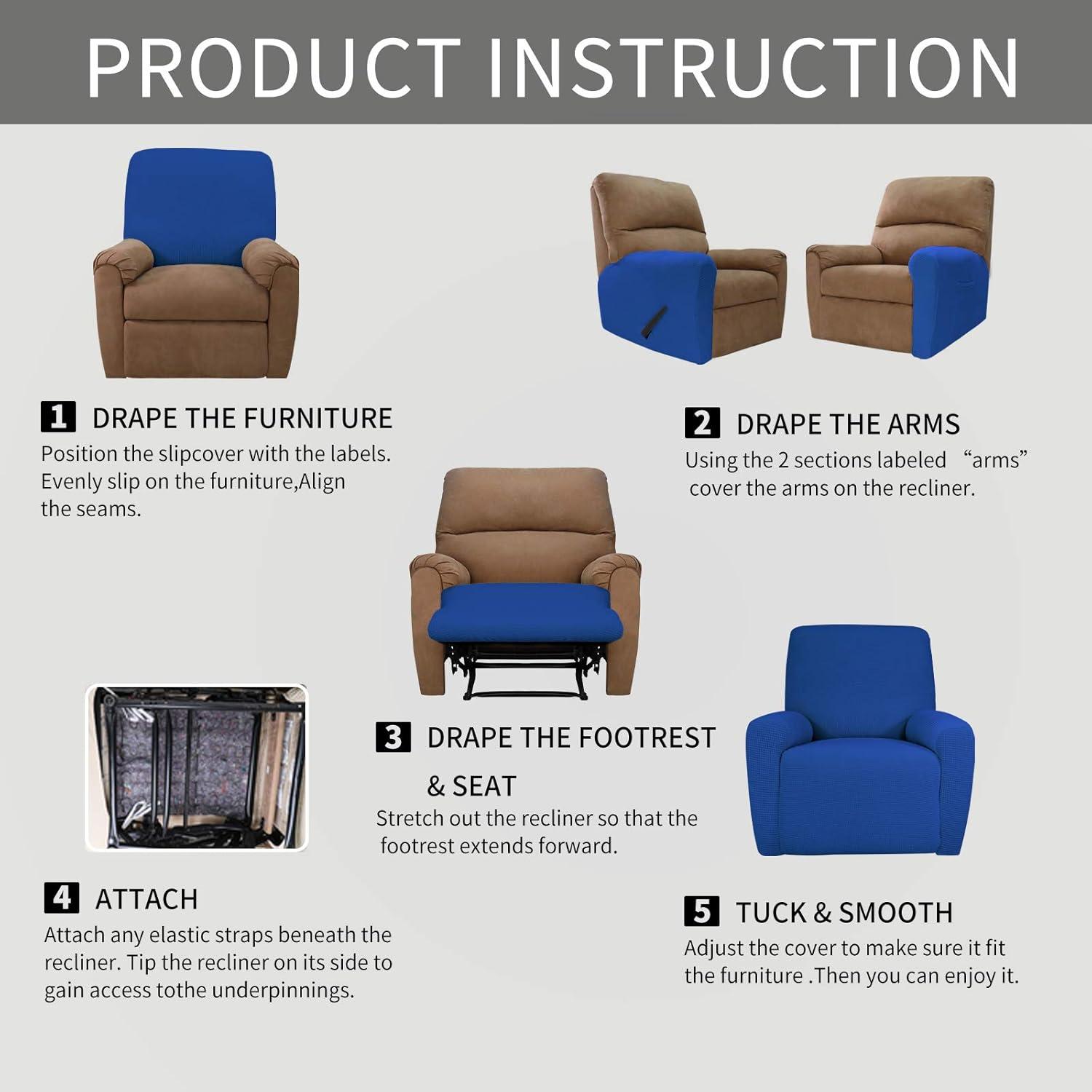 image:imageEasyGoing 8 Pieces Recliner Sofa Stretch Sofa Slipcover Sofa Cover Furniture Protector Couch Soft with Elastic Bottom Kids Spandex Jacquard Fabric Small Checks Dark GrayClassic Blue
