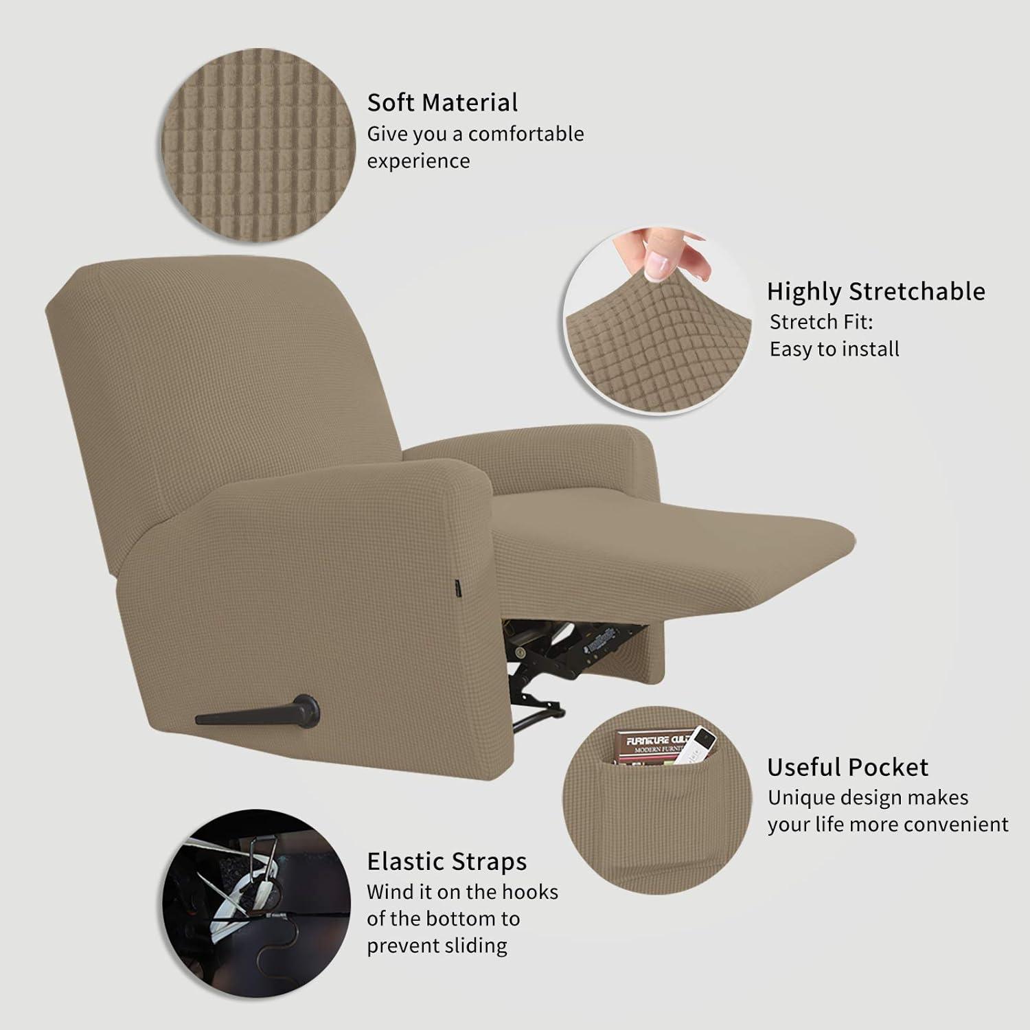 image:imageEasyGoing 8 Pieces Recliner Sofa Stretch Sofa Slipcover Sofa Cover Furniture Protector Couch Soft with Elastic Bottom Kids Spandex Jacquard Fabric Small Checks Dark GrayNatural
