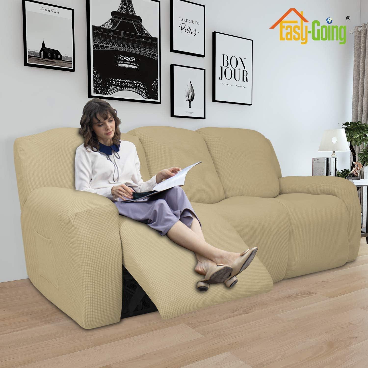 image:imageEasyGoing 8 Pieces Recliner Sofa Stretch Sofa Slipcover Sofa Cover Furniture Protector Couch Soft with Elastic Bottom Kids Spandex Jacquard Fabric Small Checks Dark GrayBeige
