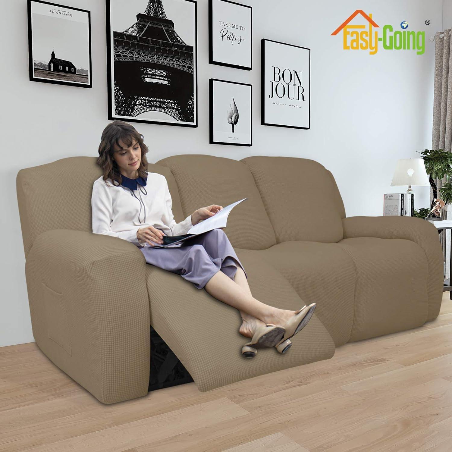 image:imageEasyGoing 8 Pieces Recliner Sofa Stretch Sofa Slipcover Sofa Cover Furniture Protector Couch Soft with Elastic Bottom Kids Spandex Jacquard Fabric Small Checks Dark GrayTan