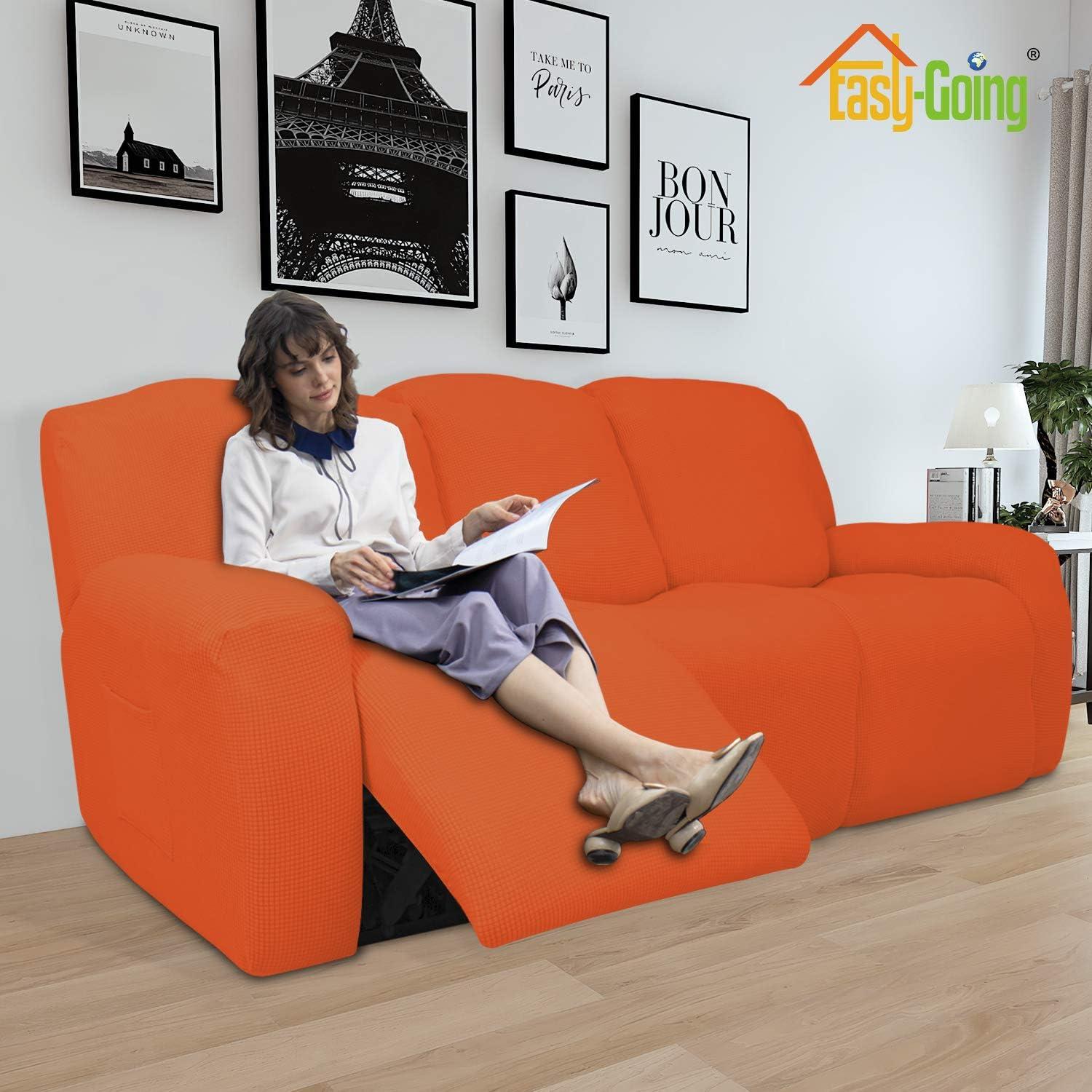 image:imageEasyGoing 8 Pieces Recliner Sofa Stretch Sofa Slipcover Sofa Cover Furniture Protector Couch Soft with Elastic Bottom Kids Spandex Jacquard Fabric Small Checks Dark GrayOrange