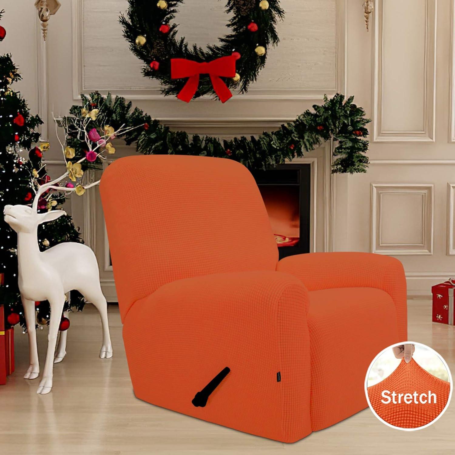 image:imageEasyGoing 8 Pieces Recliner Sofa Stretch Sofa Slipcover Sofa Cover Furniture Protector Couch Soft with Elastic Bottom Kids Spandex Jacquard Fabric Small Checks Dark GrayOrange