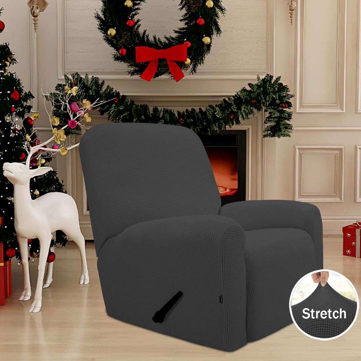 image:imageEasyGoing 8 Pieces Recliner Sofa Stretch Sofa Slipcover Sofa Cover Furniture Protector Couch Soft with Elastic Bottom Kids Spandex Jacquard Fabric Small Checks Dark GrayDark Gray
