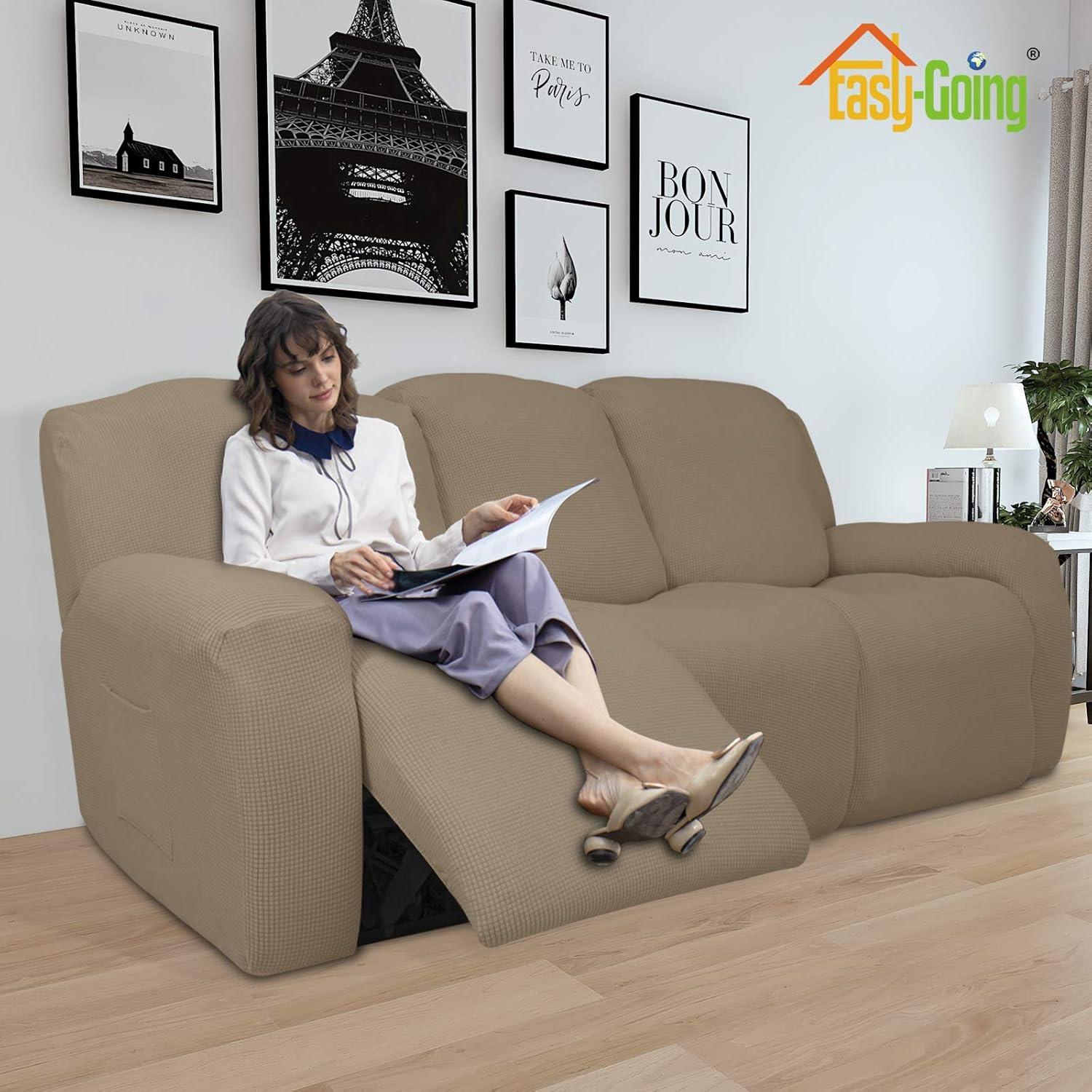 image:imageEasyGoing 8 Pieces Recliner Sofa Stretch Sofa Slipcover Sofa Cover Furniture Protector Couch Soft with Elastic Bottom Kids Spandex Jacquard Fabric Small Checks Dark GrayNatural