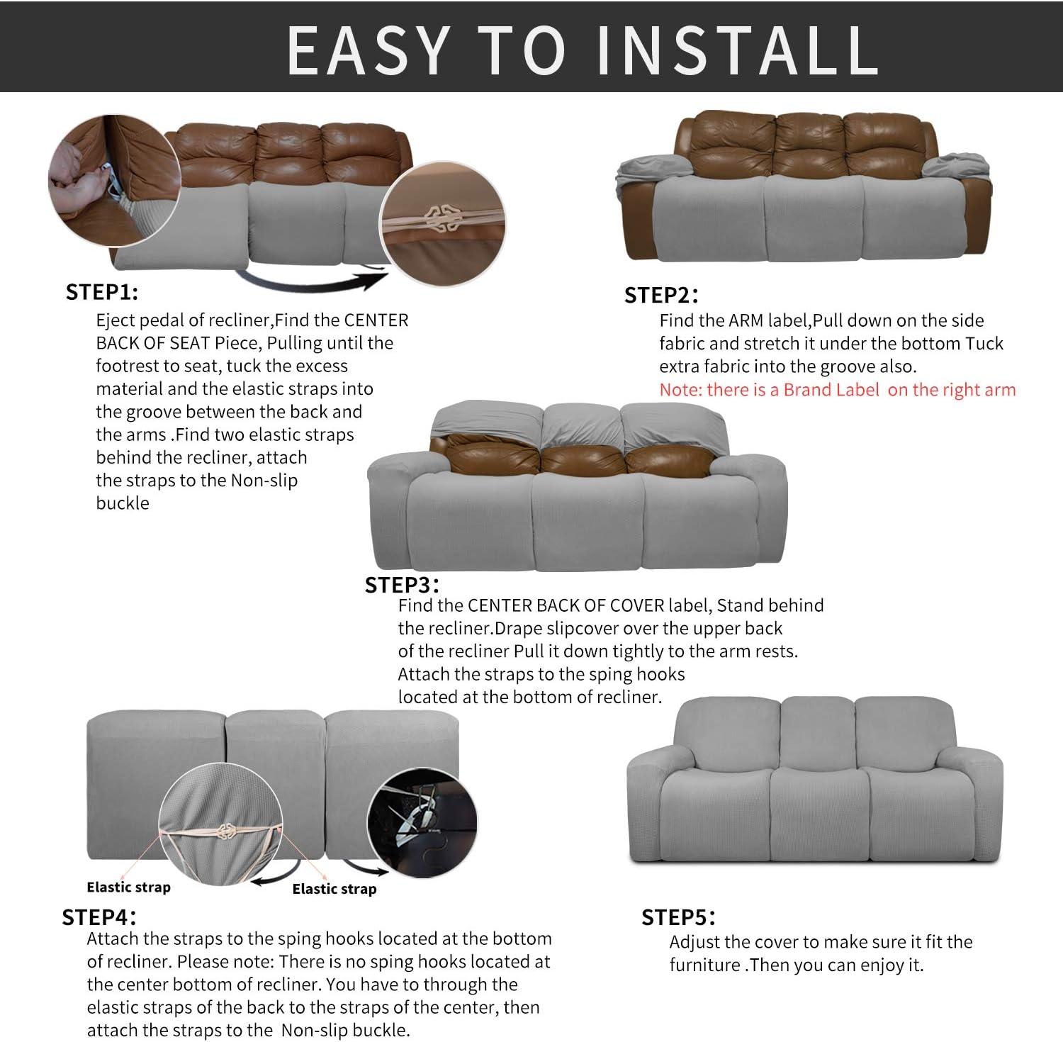 image:imageEasyGoing 8 Pieces Recliner Sofa Stretch Sofa Slipcover Sofa Cover Furniture Protector Couch Soft with Elastic Bottom Kids Spandex Jacquard Fabric Small Checks Dark GrayLight Gray