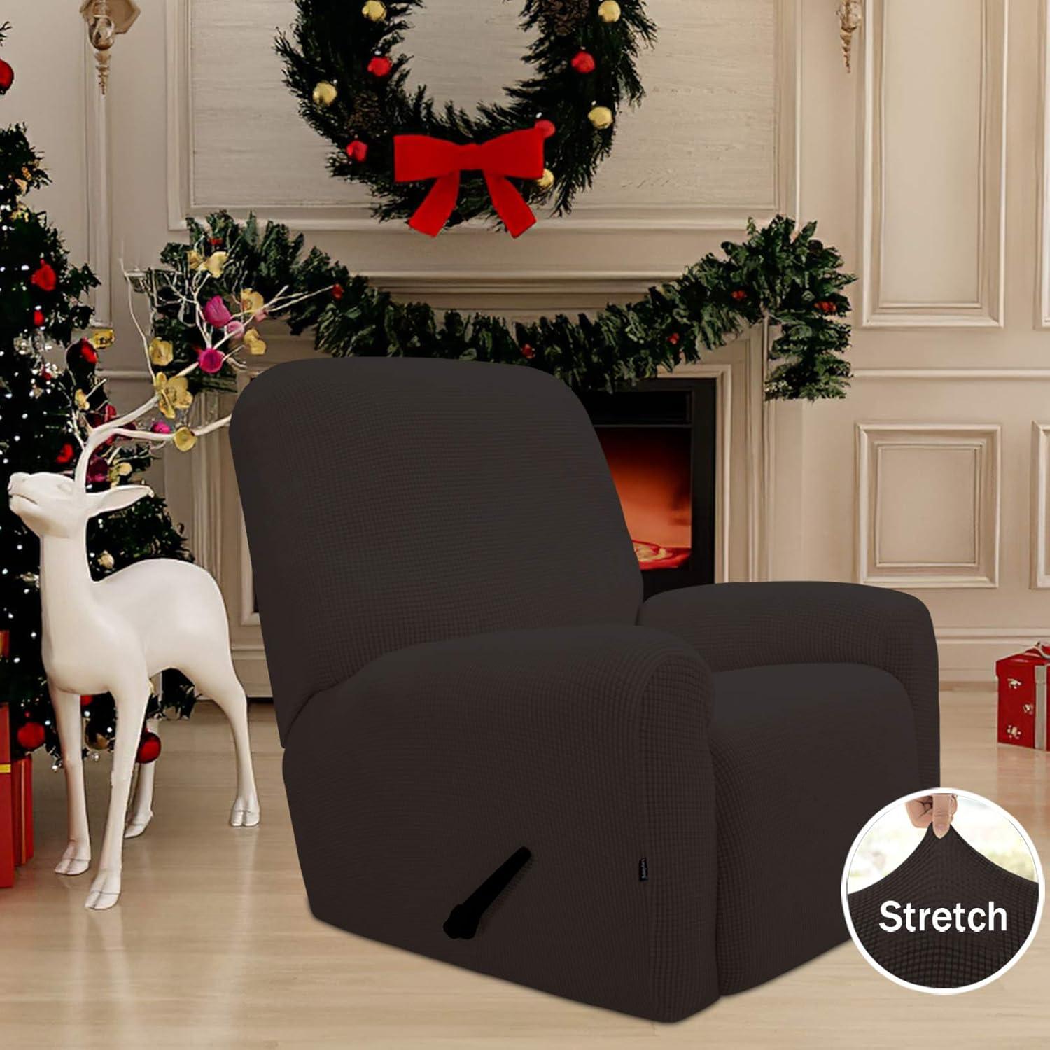 image:imageEasyGoing 8 Pieces Recliner Sofa Stretch Sofa Slipcover Sofa Cover Furniture Protector Couch Soft with Elastic Bottom Kids Spandex Jacquard Fabric Small Checks Dark GrayChocolate