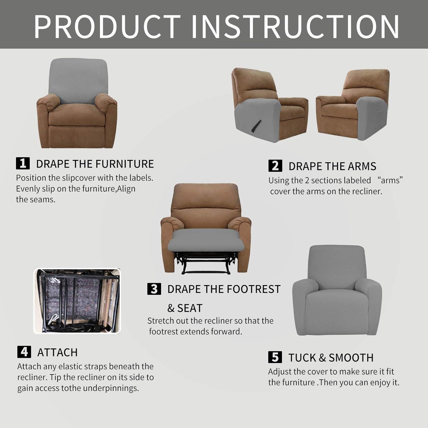 image:imageEasyGoing 8 Pieces Recliner Sofa Stretch Sofa Slipcover Sofa Cover Furniture Protector Couch Soft with Elastic Bottom Kids Spandex Jacquard Fabric Small Checks Dark GrayLight Gray