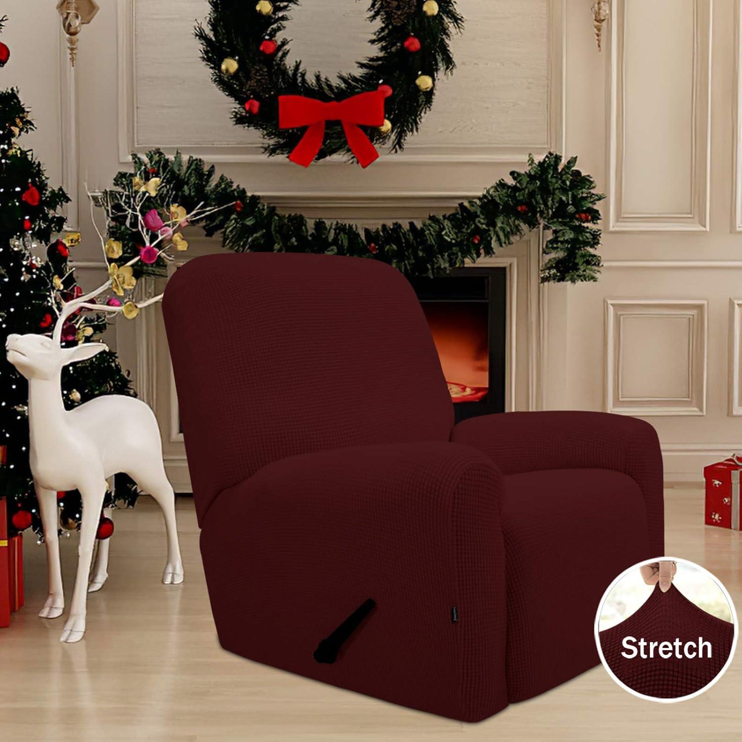 image:imageEasyGoing 8 Pieces Recliner Sofa Stretch Sofa Slipcover Sofa Cover Furniture Protector Couch Soft with Elastic Bottom Kids Spandex Jacquard Fabric Small Checks Dark GrayWine