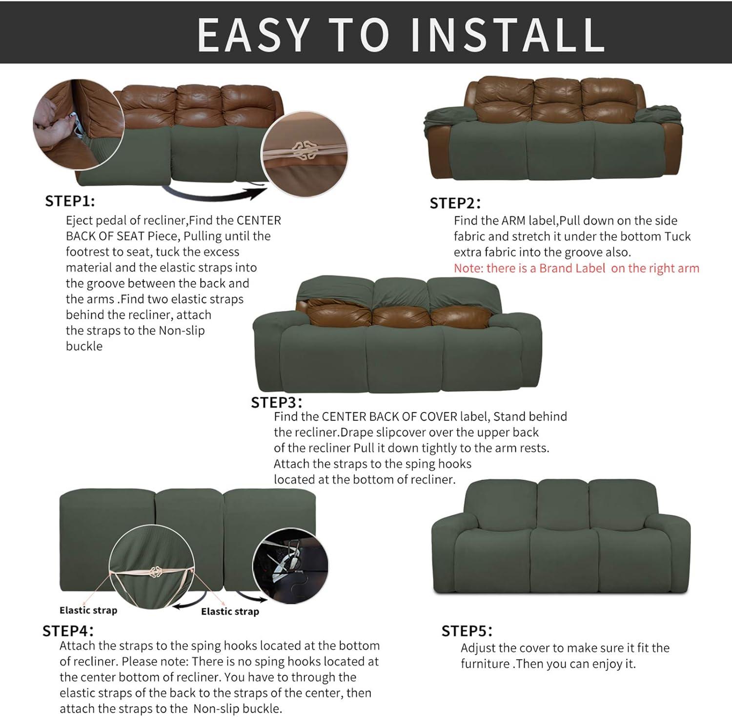 image:imageEasyGoing 8 Pieces Recliner Sofa Stretch Sofa Slipcover Sofa Cover Furniture Protector Couch Soft with Elastic Bottom Kids Spandex Jacquard Fabric Small Checks Dark GrayOlive Green