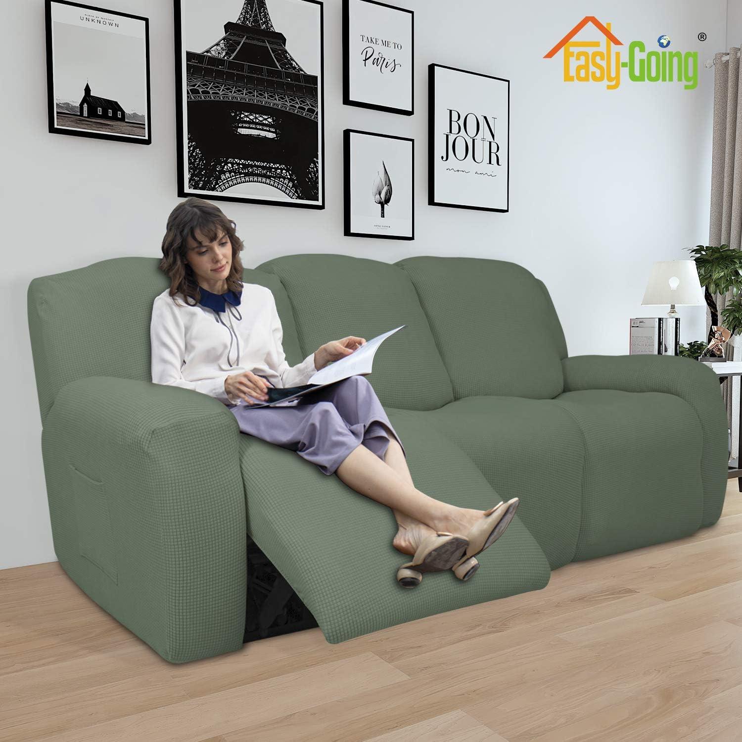 image:imageEasyGoing 8 Pieces Recliner Sofa Stretch Sofa Slipcover Sofa Cover Furniture Protector Couch Soft with Elastic Bottom Kids Spandex Jacquard Fabric Small Checks Dark GrayGreyish Green