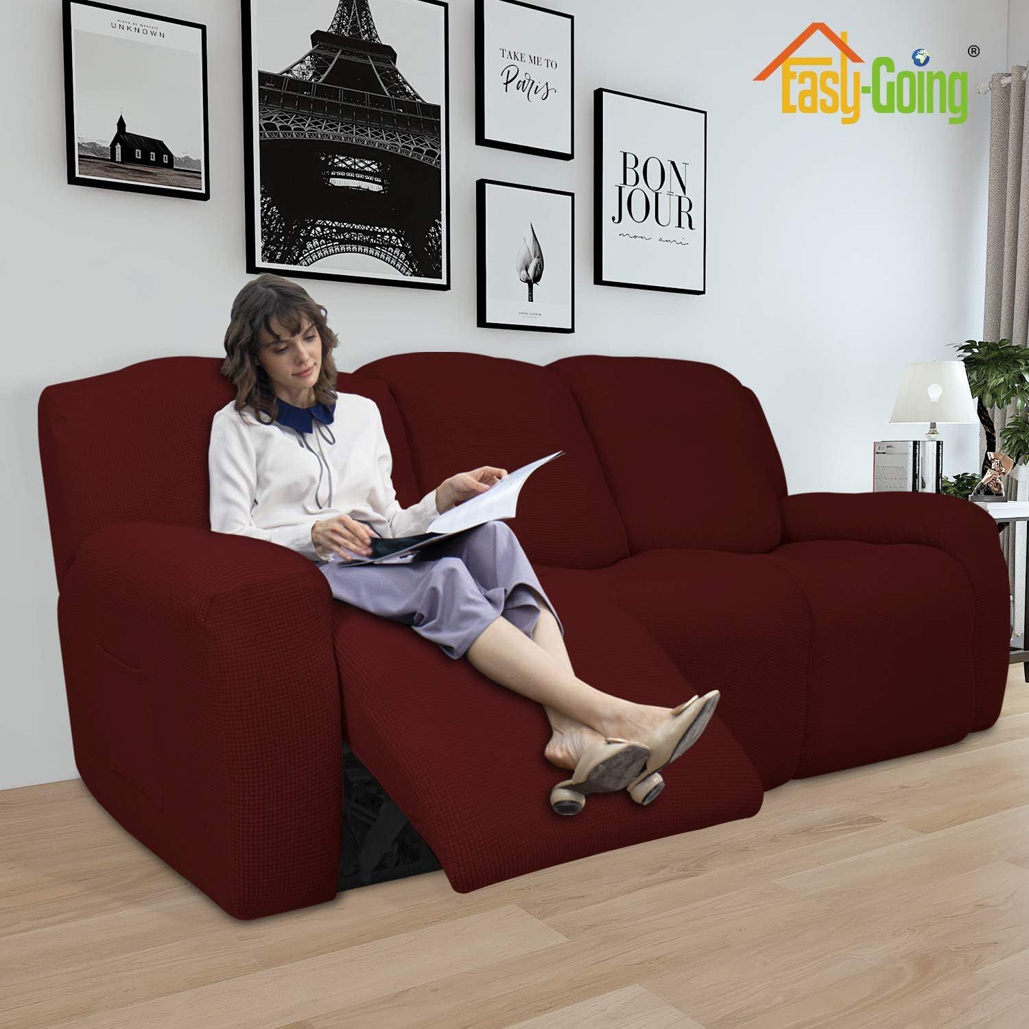 image:imageEasyGoing 8 Pieces Recliner Sofa Stretch Sofa Slipcover Sofa Cover Furniture Protector Couch Soft with Elastic Bottom Kids Spandex Jacquard Fabric Small Checks Dark GrayWine