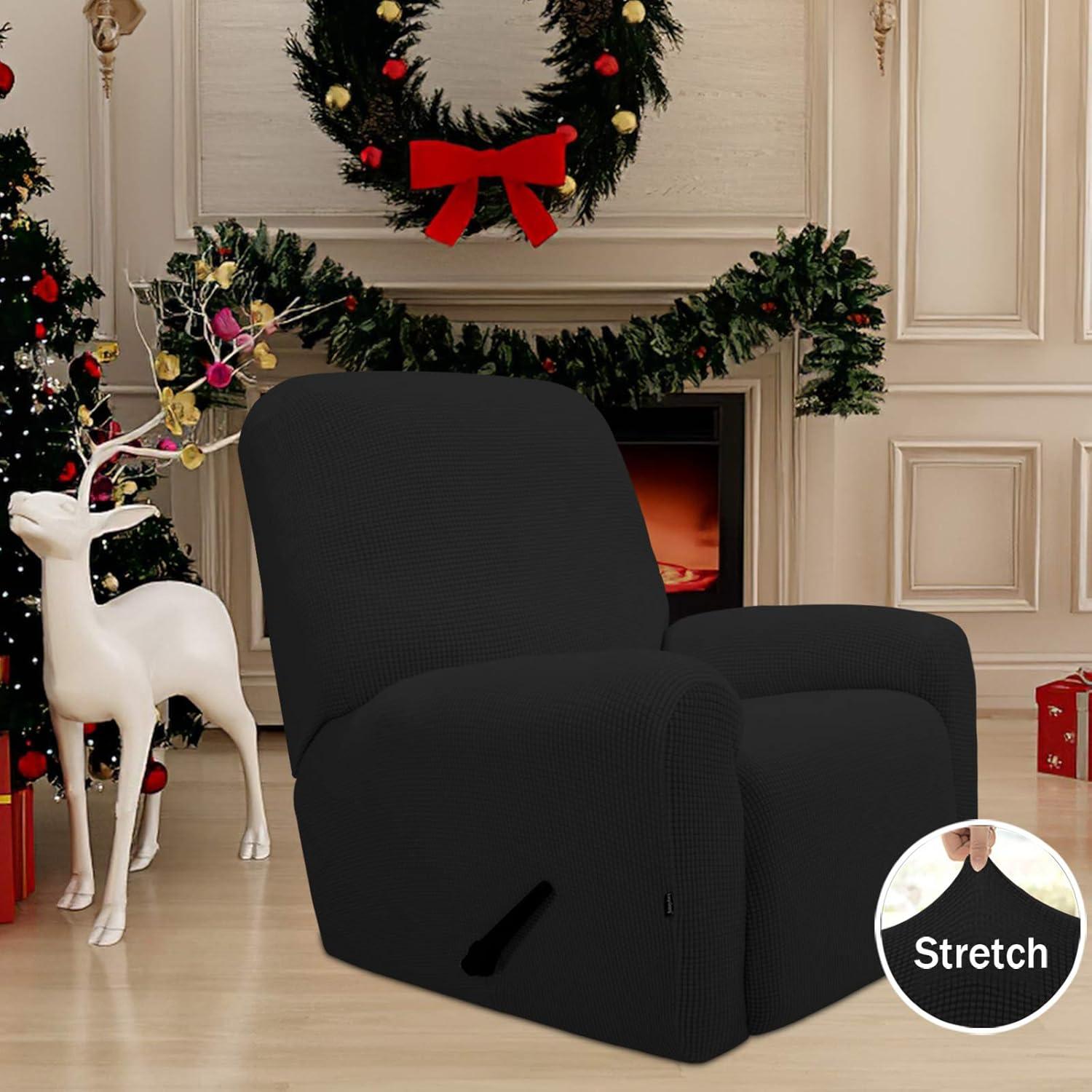 image:imageEasyGoing 8 Pieces Recliner Sofa Stretch Sofa Slipcover Sofa Cover Furniture Protector Couch Soft with Elastic Bottom Kids Spandex Jacquard Fabric Small Checks Dark GrayBlack