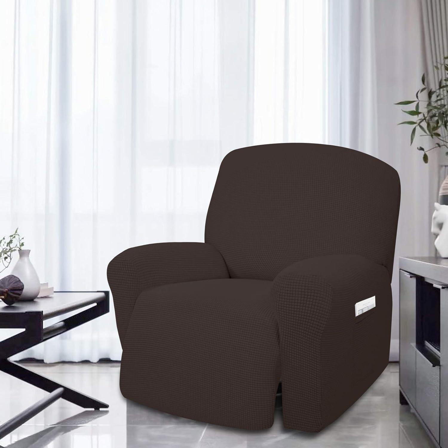 image:imageEasyGoing 8 Pieces Recliner Sofa Stretch Sofa Slipcover Sofa Cover Furniture Protector Couch Soft with Elastic Bottom Kids Spandex Jacquard Fabric Small Checks Dark GrayChocolate
