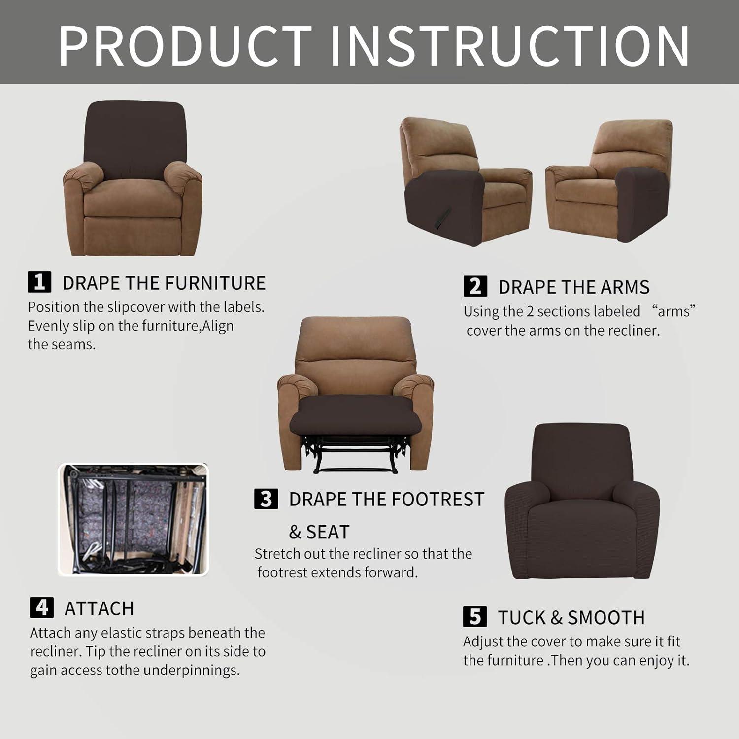 image:imageEasyGoing 8 Pieces Recliner Sofa Stretch Sofa Slipcover Sofa Cover Furniture Protector Couch Soft with Elastic Bottom Kids Spandex Jacquard Fabric Small Checks Dark GrayChocolate