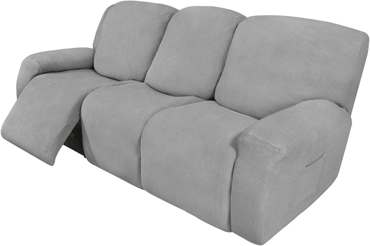 image:imageEasyGoing 8 Pieces Recliner Sofa Stretch Sofa Slipcover Sofa Cover Furniture Protector Couch Soft with Elastic Bottom Kids Spandex Jacquard Fabric Small Checks Dark GrayLight Gray
