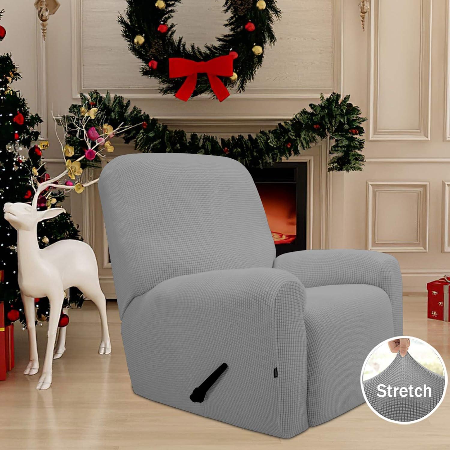image:imageEasyGoing 8 Pieces Recliner Sofa Stretch Sofa Slipcover Sofa Cover Furniture Protector Couch Soft with Elastic Bottom Kids Spandex Jacquard Fabric Small Checks Dark GrayLight Gray