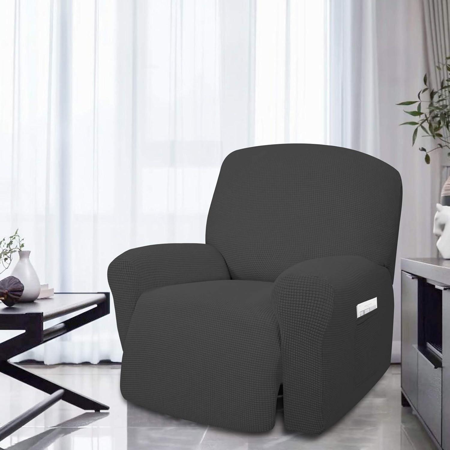 image:imageEasyGoing 8 Pieces Recliner Sofa Stretch Sofa Slipcover Sofa Cover Furniture Protector Couch Soft with Elastic Bottom Kids Spandex Jacquard Fabric Small Checks Dark GrayDark Gray