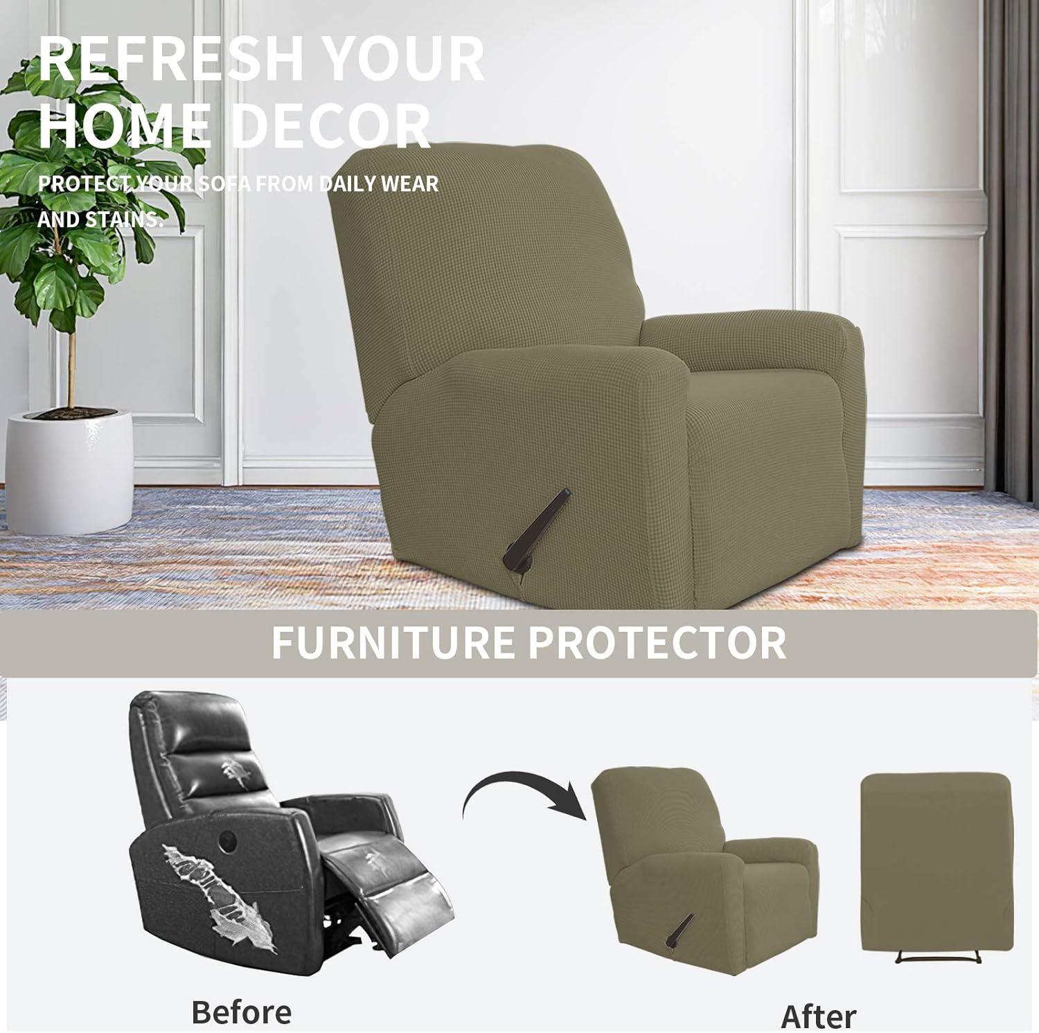 image:imageEasyGoing 8 Pieces Recliner Sofa Stretch Sofa Slipcover Sofa Cover Furniture Protector Couch Soft with Elastic Bottom Kids Spandex Jacquard Fabric Small Checks Dark GrayKhaki