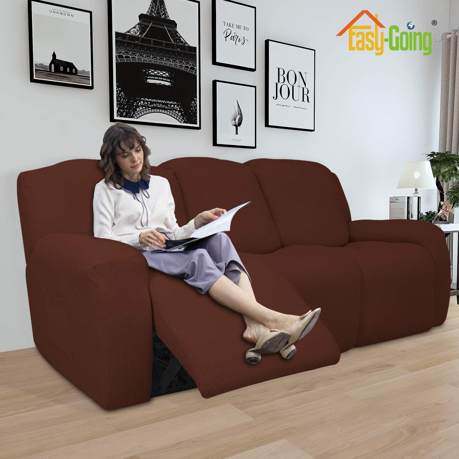 image:imageEasyGoing 8 Pieces Recliner Sofa Stretch Sofa Slipcover Sofa Cover Furniture Protector Couch Soft with Elastic Bottom Kids Spandex Jacquard Fabric Small Checks Dark GrayCoffee