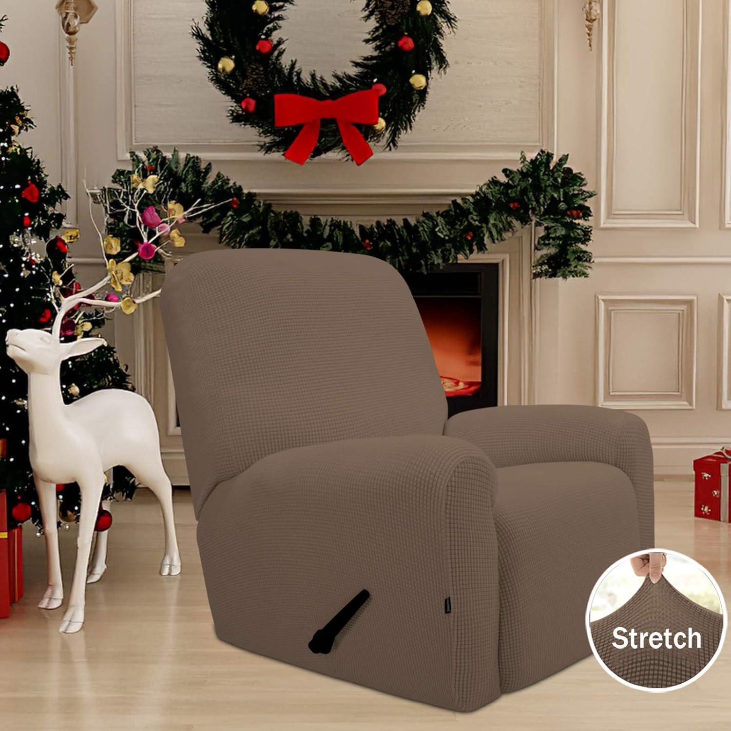 image:imageEasyGoing 8 Pieces Recliner Sofa Stretch Sofa Slipcover Sofa Cover Furniture Protector Couch Soft with Elastic Bottom Kids Spandex Jacquard Fabric Small Checks Dark GrayBrown