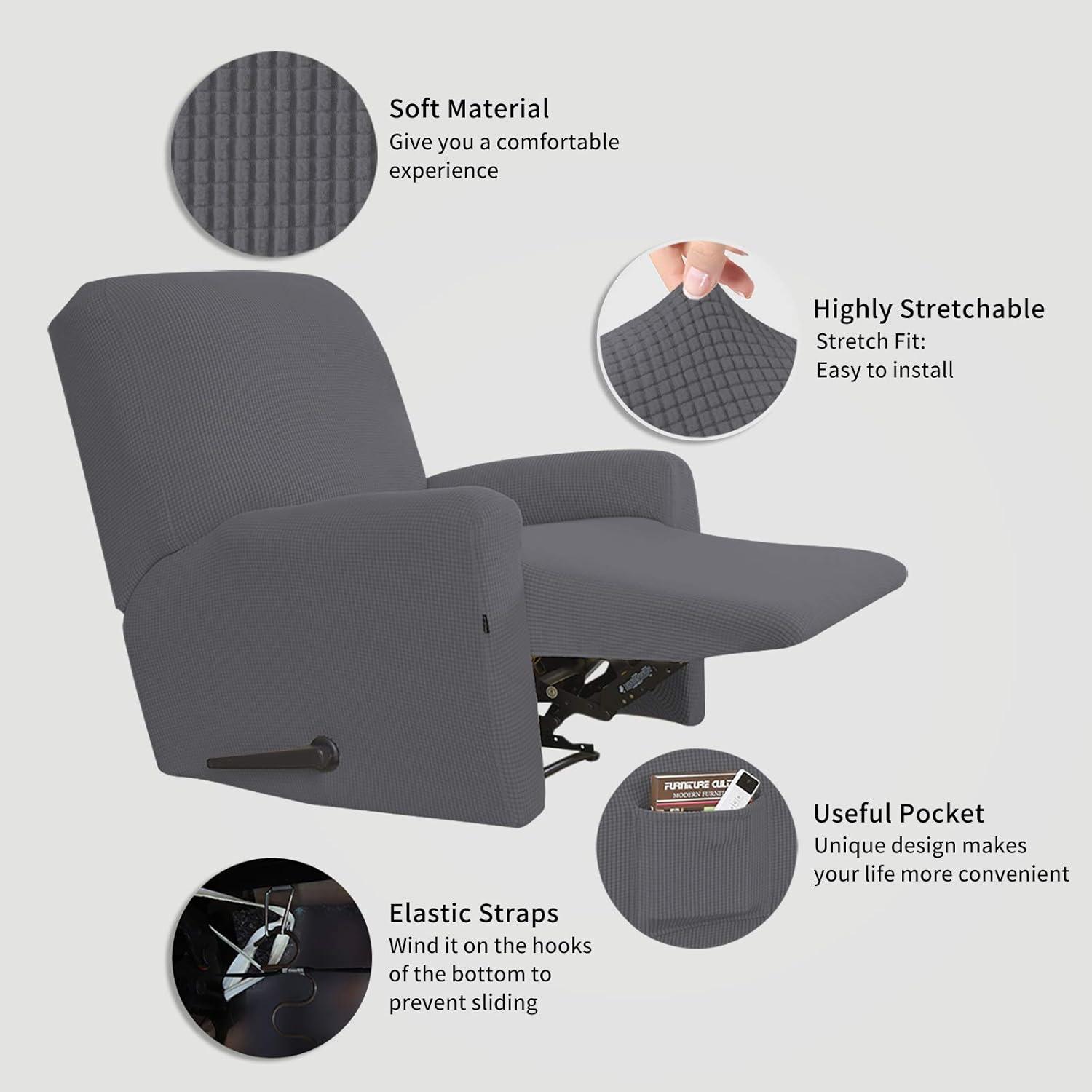 image:imageEasyGoing 8 Pieces Recliner Sofa Stretch Sofa Slipcover Sofa Cover Furniture Protector Couch Soft with Elastic Bottom Kids Spandex Jacquard Fabric Small Checks Dark GrayGrey