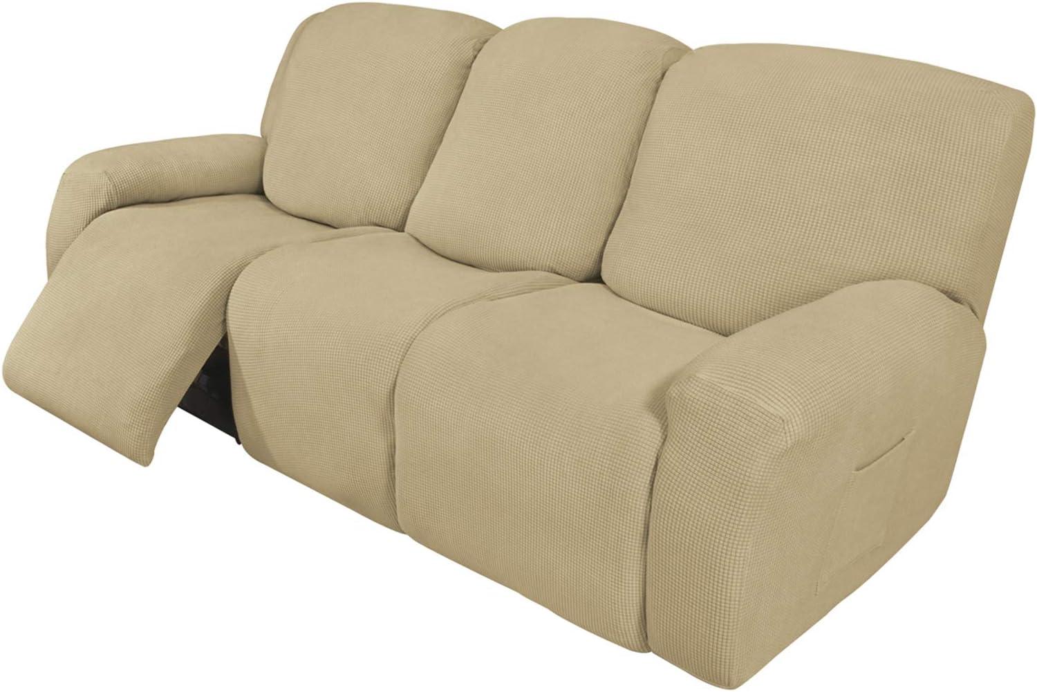 image:imageEasyGoing 8 Pieces Recliner Sofa Stretch Sofa Slipcover Sofa Cover Furniture Protector Couch Soft with Elastic Bottom Kids Spandex Jacquard Fabric Small Checks Dark GrayBeige