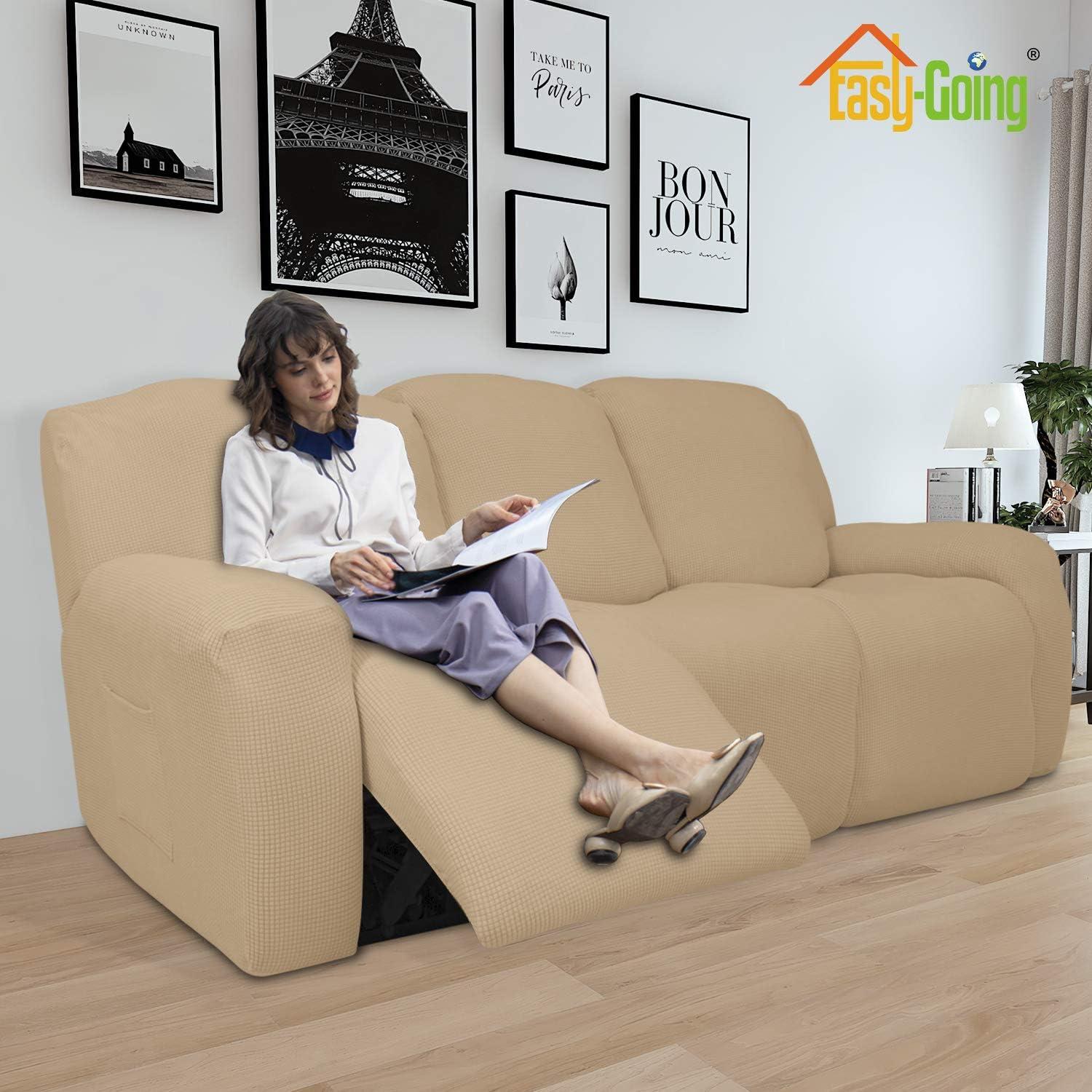 image:imageEasyGoing 8 Pieces Recliner Sofa Stretch Sofa Slipcover Sofa Cover Furniture Protector Couch Soft with Elastic Bottom Kids Spandex Jacquard Fabric Small Checks Dark GraySand