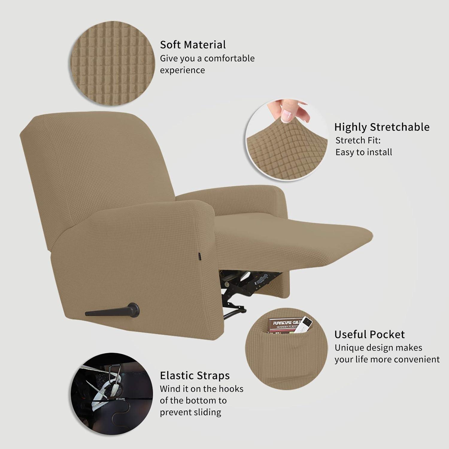 image:imageEasyGoing 8 Pieces Recliner Sofa Stretch Sofa Slipcover Sofa Cover Furniture Protector Couch Soft with Elastic Bottom Kids Spandex Jacquard Fabric Small Checks Dark GrayTan