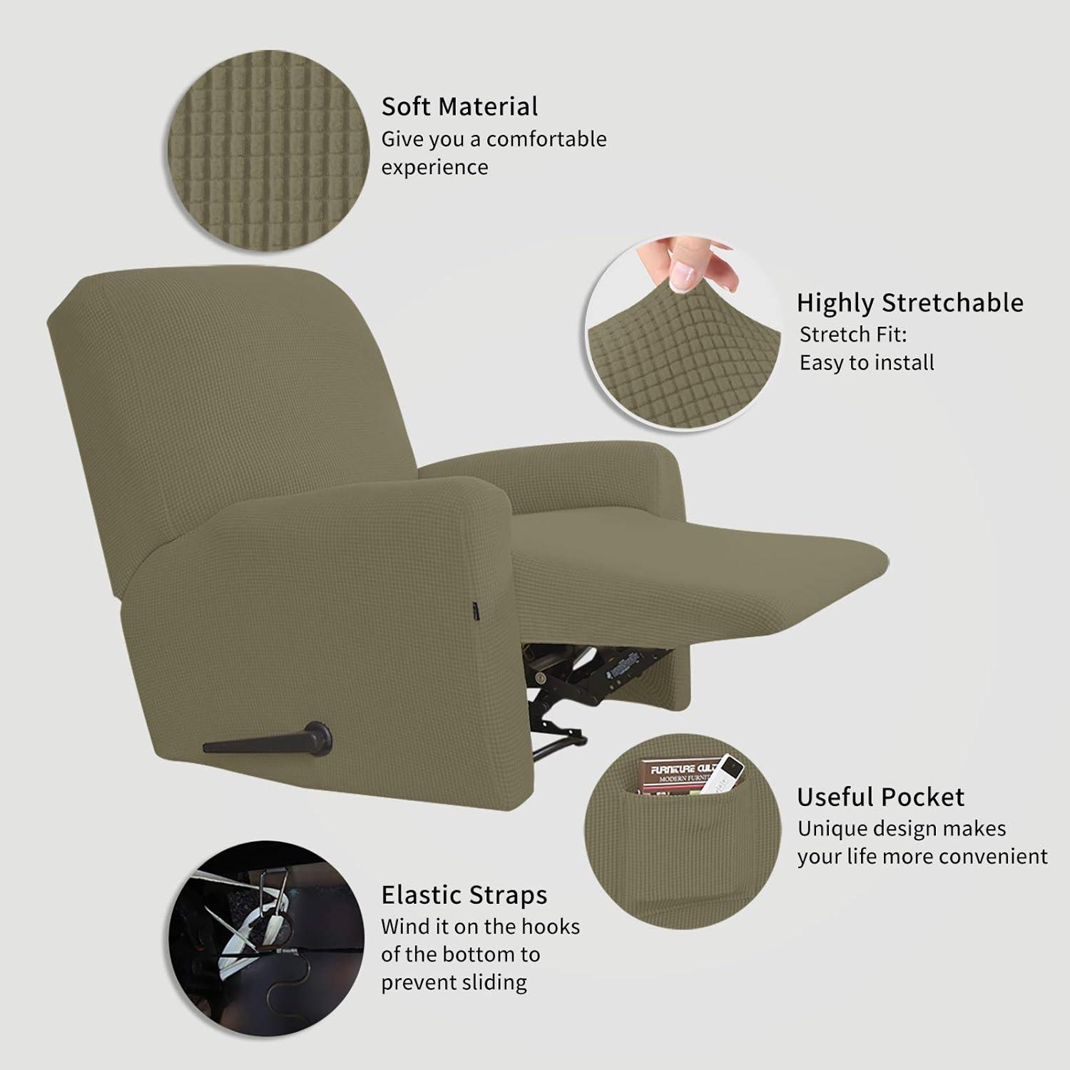 image:imageEasyGoing 8 Pieces Recliner Sofa Stretch Sofa Slipcover Sofa Cover Furniture Protector Couch Soft with Elastic Bottom Kids Spandex Jacquard Fabric Small Checks Dark GrayKhaki