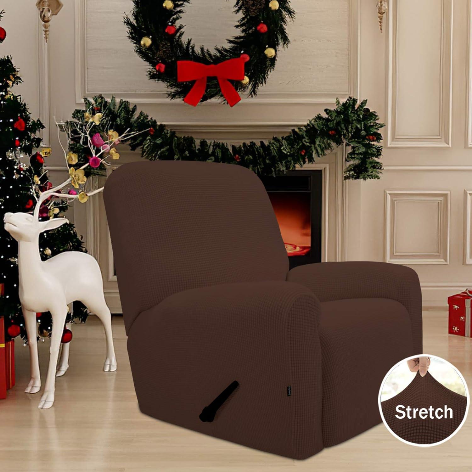 image:imageEasyGoing 8 Pieces Recliner Sofa Stretch Sofa Slipcover Sofa Cover Furniture Protector Couch Soft with Elastic Bottom Kids Spandex Jacquard Fabric Small Checks Dark GrayCoffee