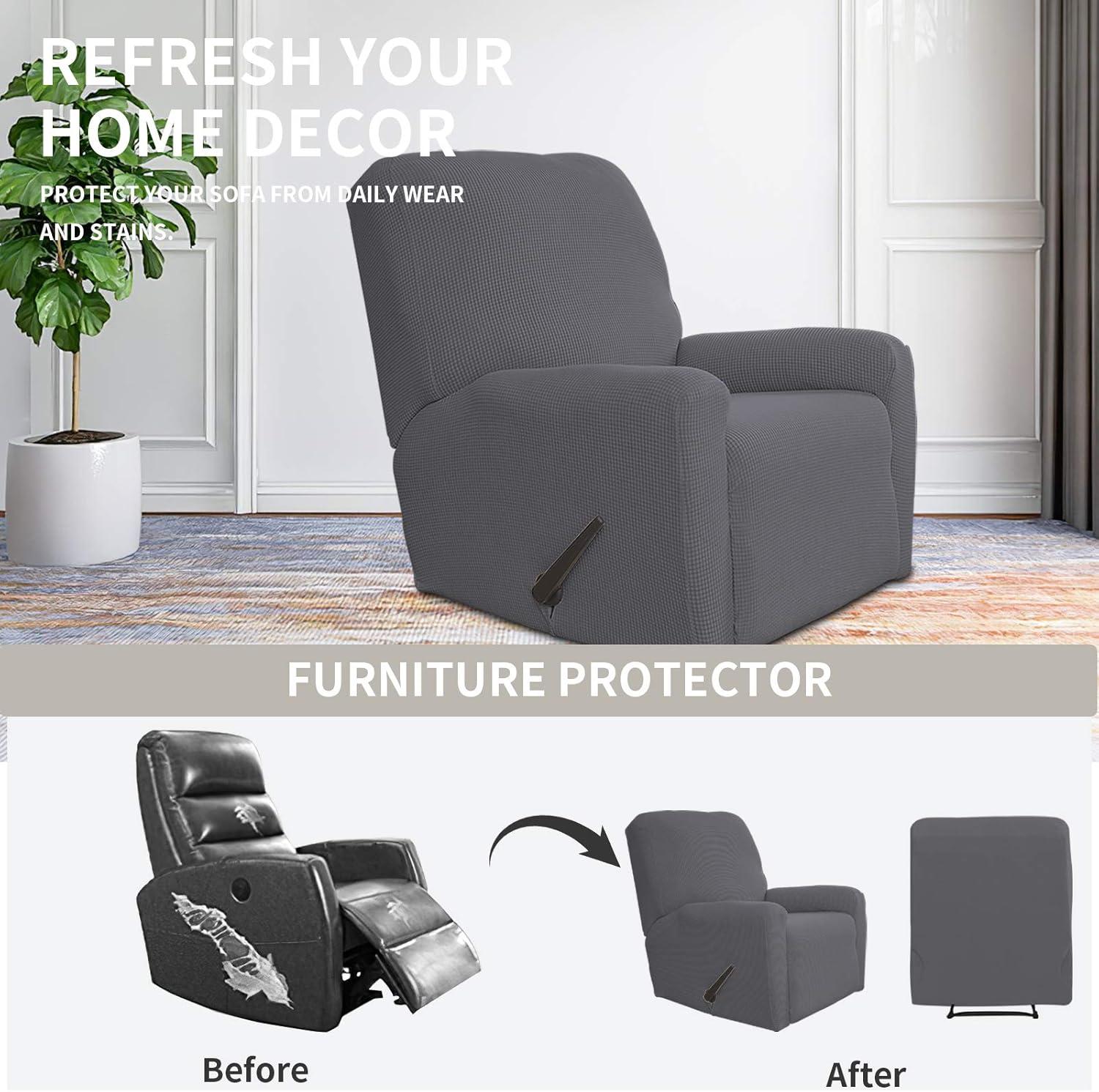 image:imageEasyGoing 8 Pieces Recliner Sofa Stretch Sofa Slipcover Sofa Cover Furniture Protector Couch Soft with Elastic Bottom Kids Spandex Jacquard Fabric Small Checks Dark GrayGrey