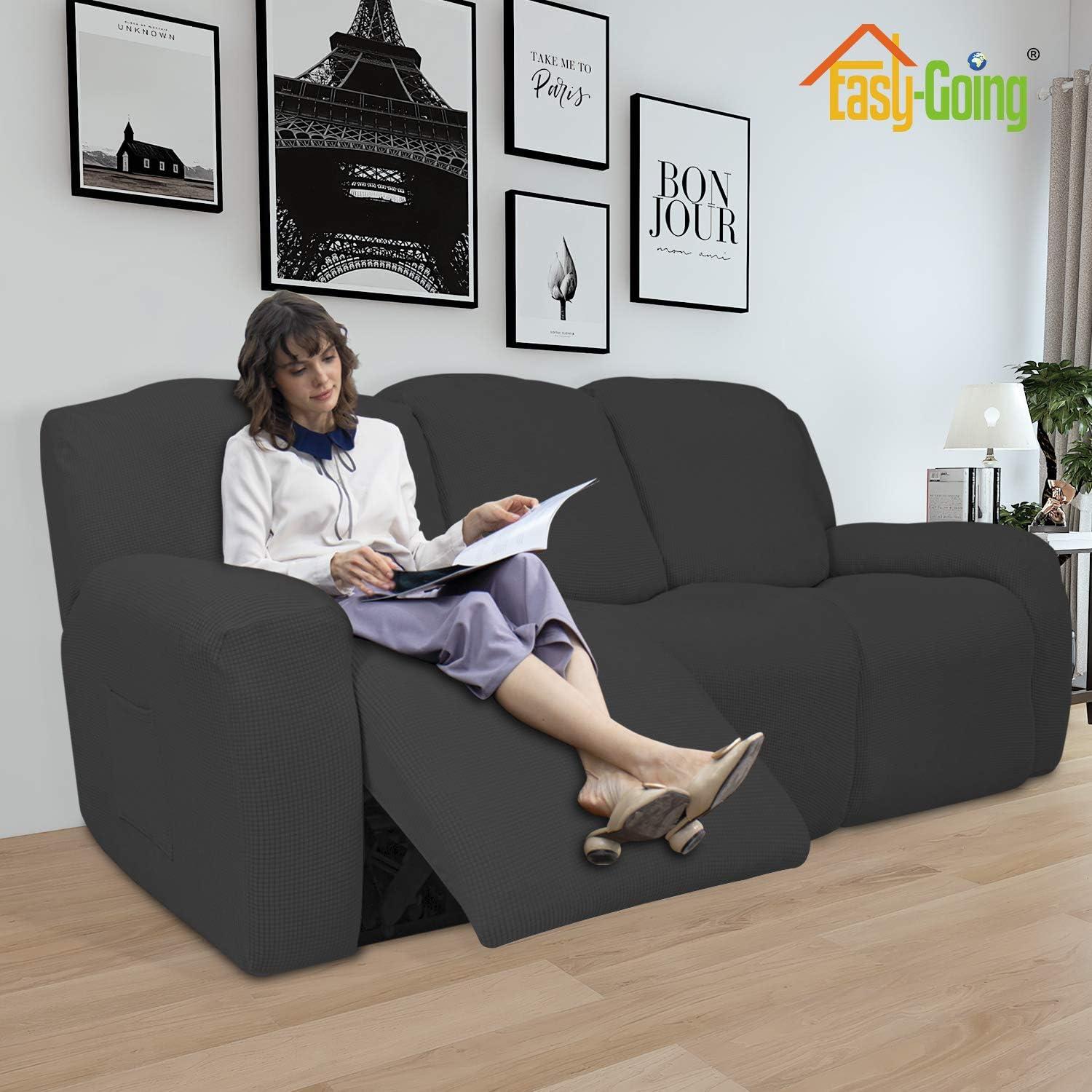 image:imageEasyGoing 8 Pieces Recliner Sofa Stretch Sofa Slipcover Sofa Cover Furniture Protector Couch Soft with Elastic Bottom Kids Spandex Jacquard Fabric Small Checks Dark GrayDark Gray